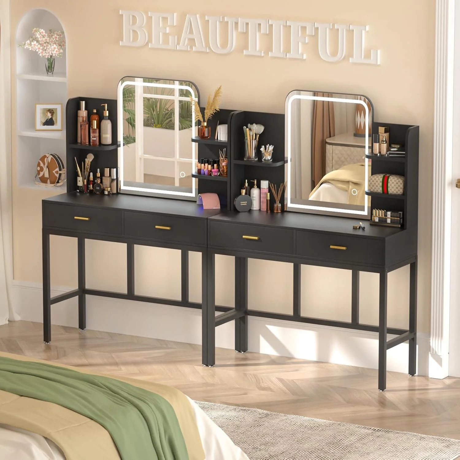 iSunirm Vanity Desk with Mirror and Lights, Makeup Vanity with 2 Drawers, Vanity Table Set with 3 Color Adjustable Lighting Options, Modern Dressing Table with Shelf, for Bedroom, Pink - Image 24