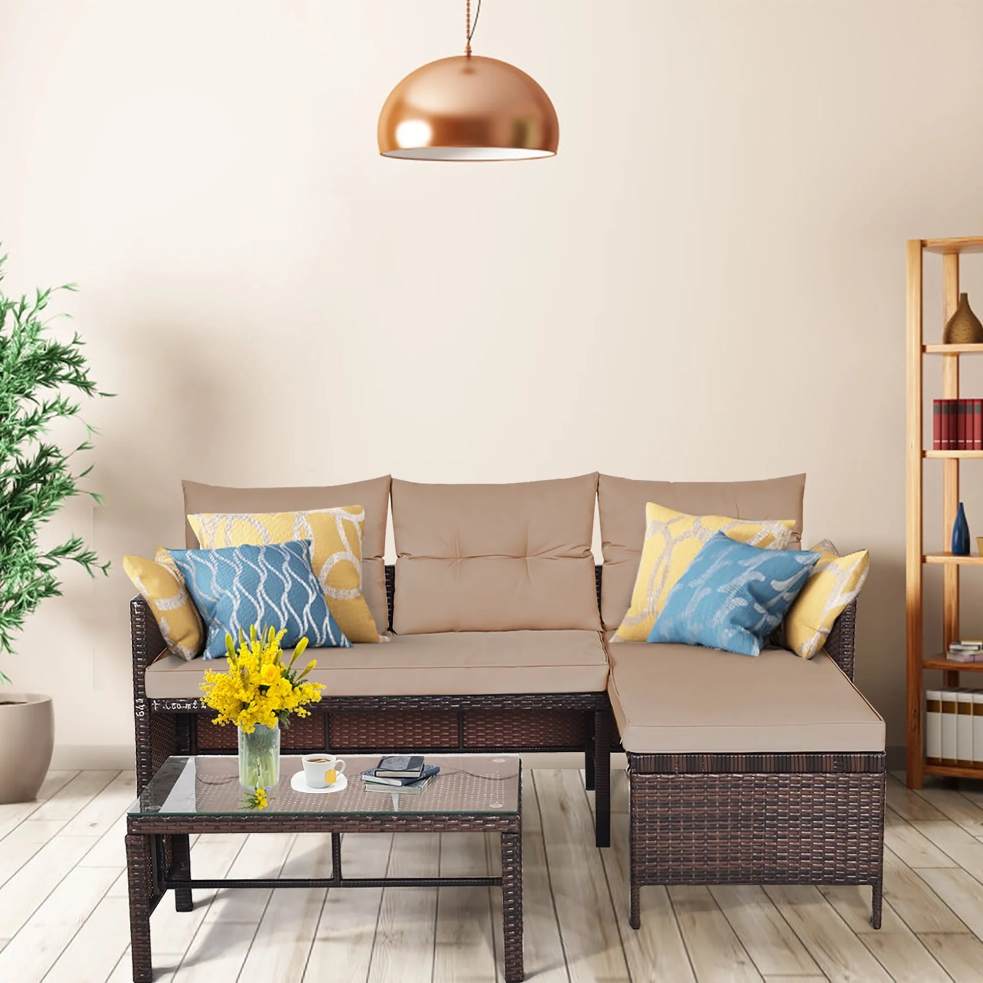 Costway 3PCS Patio Wicker Rattan Sofa Set Outdoor Sectional Conversation Set Garden Lawn Brown - Image 7