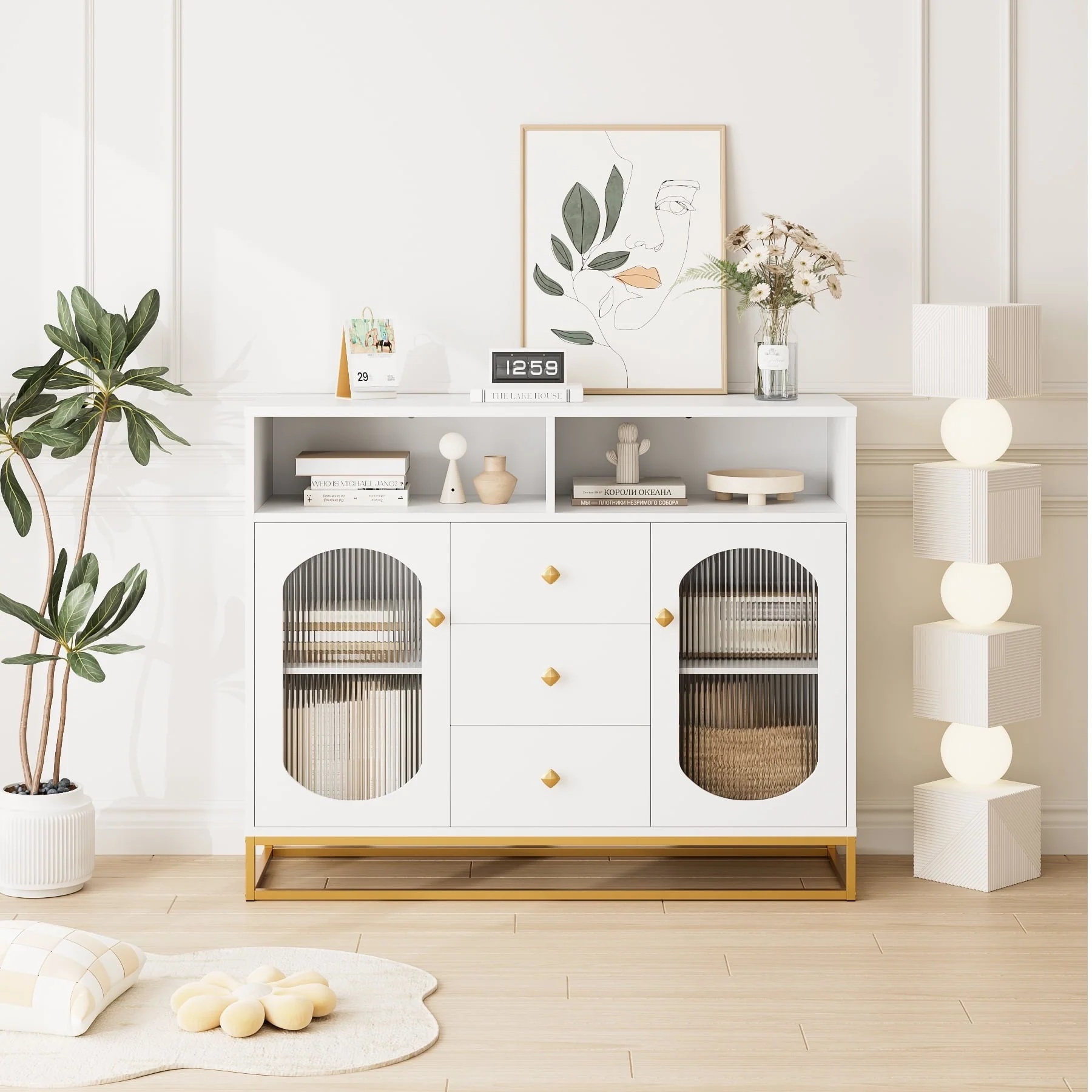 Homfa 47.2'' Sideboard Storage Cabinet, 3 Drawers Buffet Cabinet with Glass Doors for Kitchen Dining Room, White - Image 7