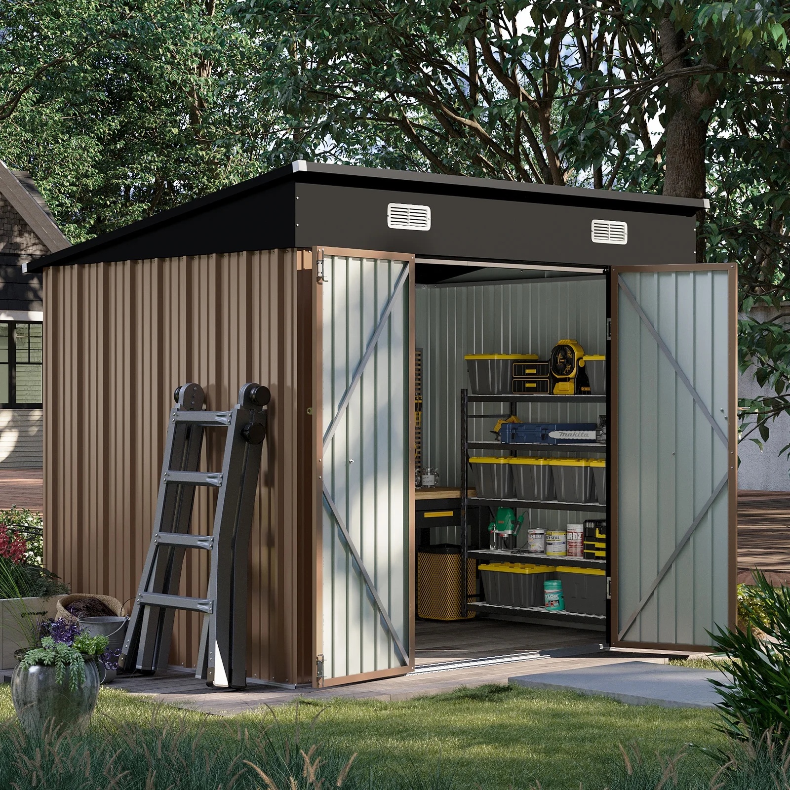 Aoxun 6' x 4' Storage Shed Lean to Storage Shed, Outdoor Metal Wall Side Storage Sheds, Outdoor Storage Cabinet for Patio, Garden, Lawn (Brown) - Image 45