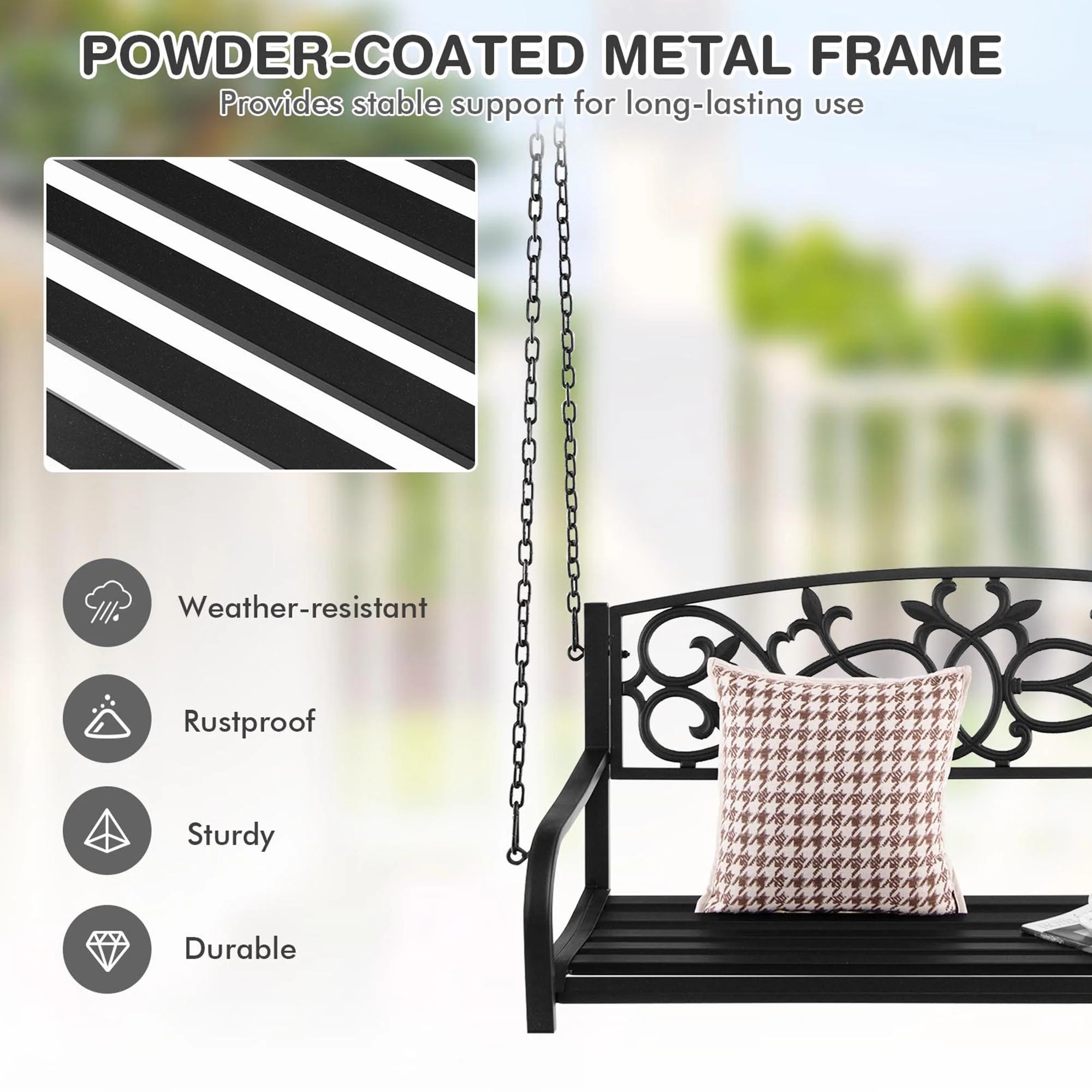 Gymax Patio Hanging Porch Swing 2-Person Outdoor Metal Swing Bench Chair w/ Chains Brown - Image 17