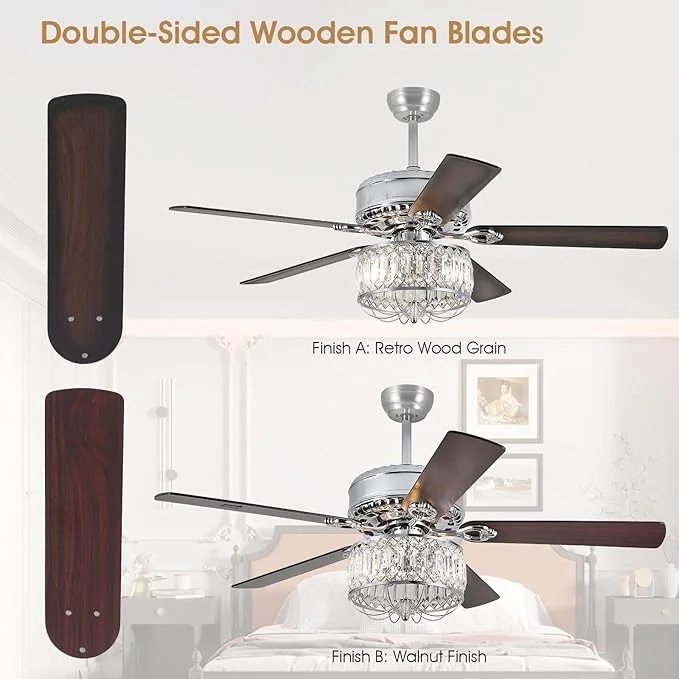 Kviflon 52" Farmhouse Ceiling Fan with Lights & Remote, Crystal Chandelier, Wood Blades, Quiet Motor, 6-Speed, Timer, Modern Lighting for Living Room, Bedroom, Dining Room, Chrome Finish - Image 2