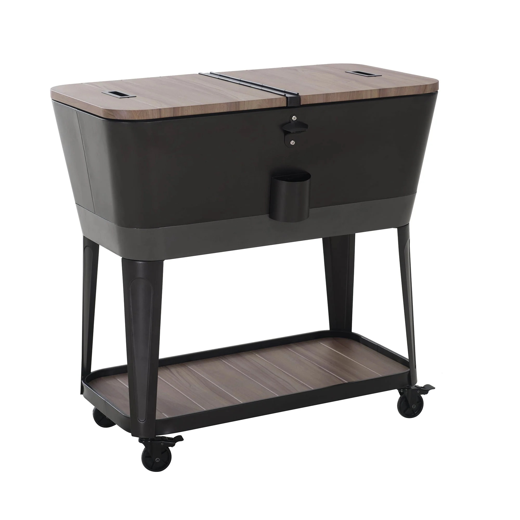 Sunjoy 80-Quart Wood Grain Finish Metal Rolling Ice Chest Cooler Cart with Storage Shelf, Steel Bottle Opener, and Lockable Wheels, Bronze - Image 4