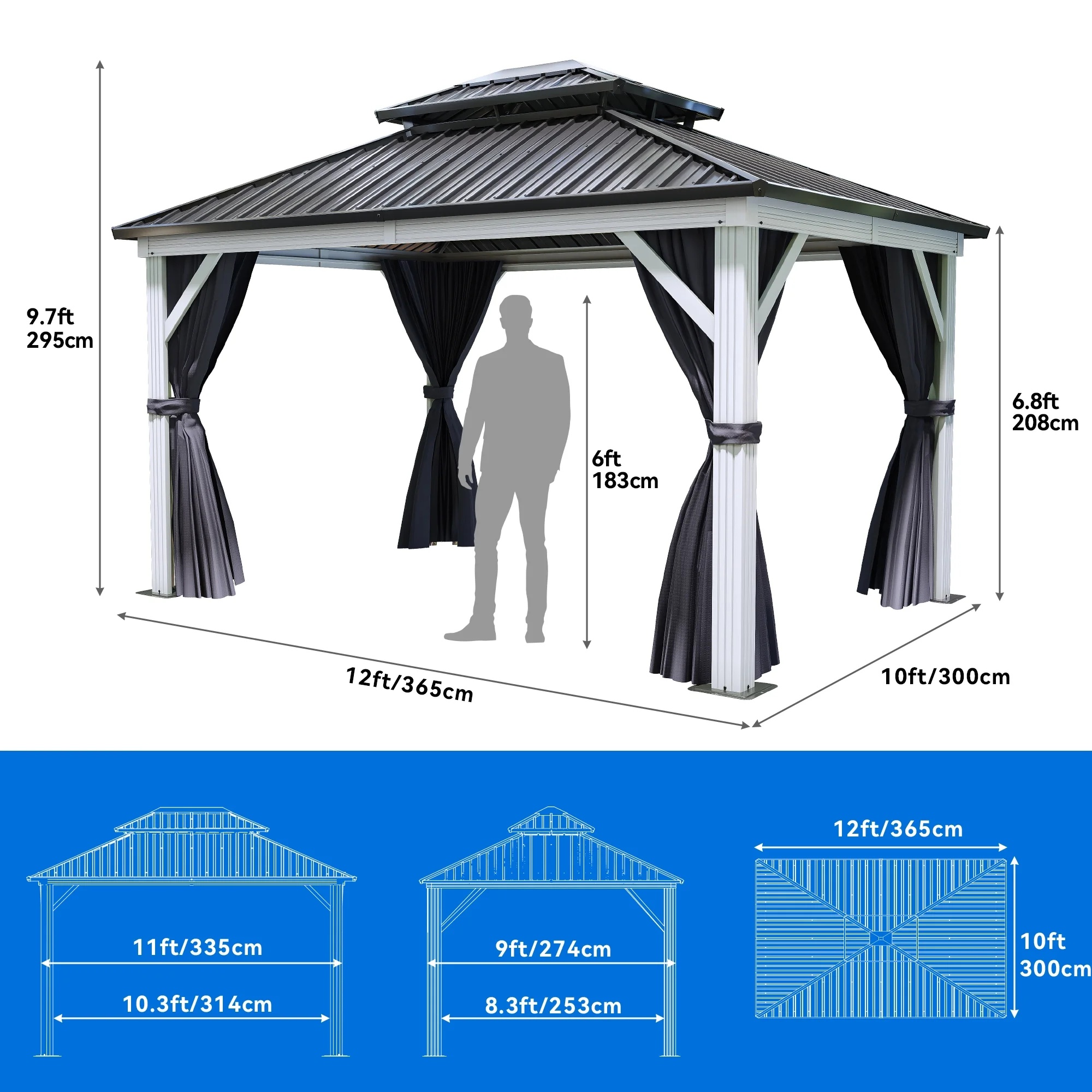 Dextrus 10x12ft Double Roof Hardtop Gazebo with Netting&Curtains, Double Galvanized Iron Aluminum Frame Outdoor White Gazebo,Ideal for Patio, Backyard,Deck and Lawns,Grey Curtain - Image 2