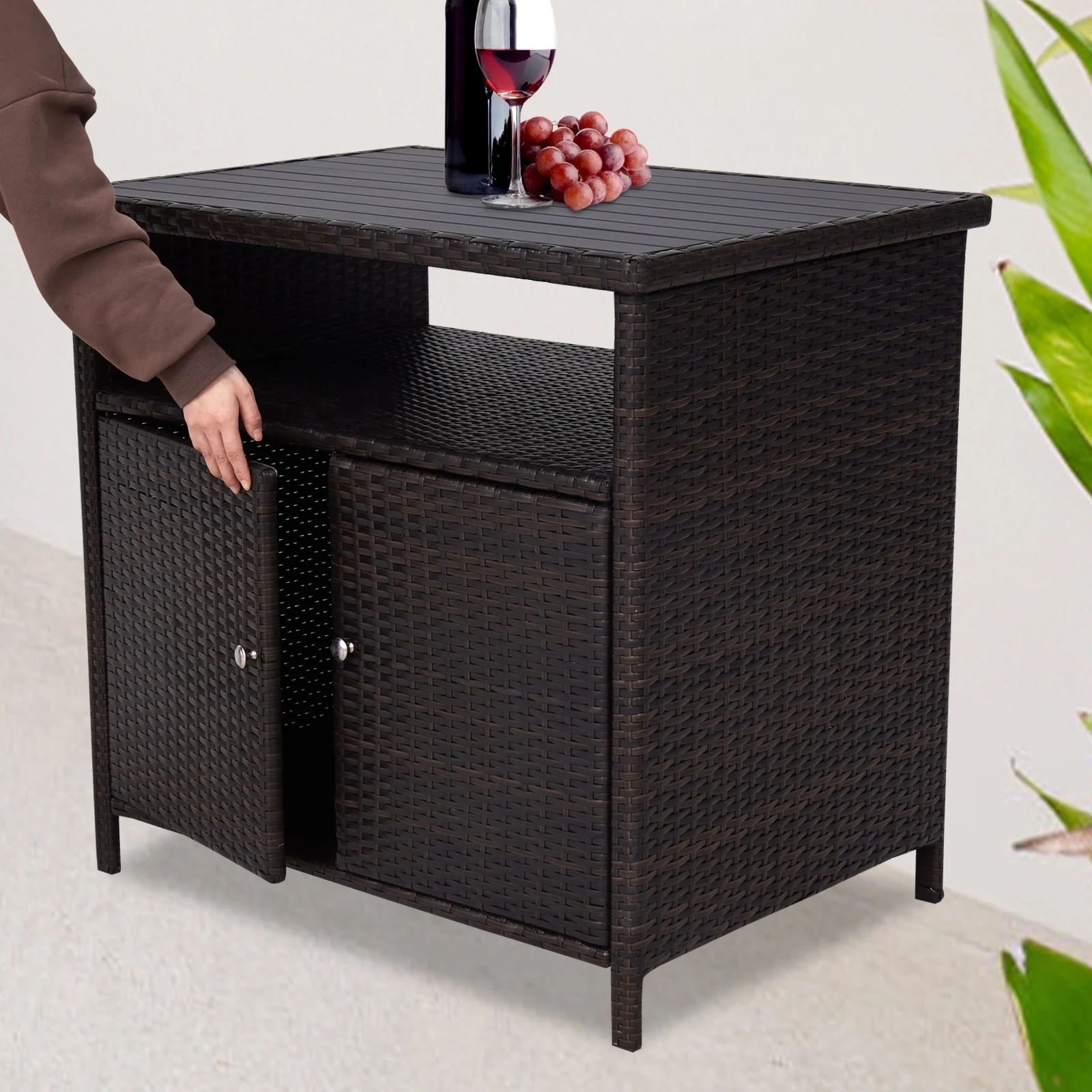 Kinbor Outdoor Wicker Storage Cabinet, Patio Bar Tables with Two Doors & Shelves, Weatherproof Storage Console Table, Dark Brown - Image 8