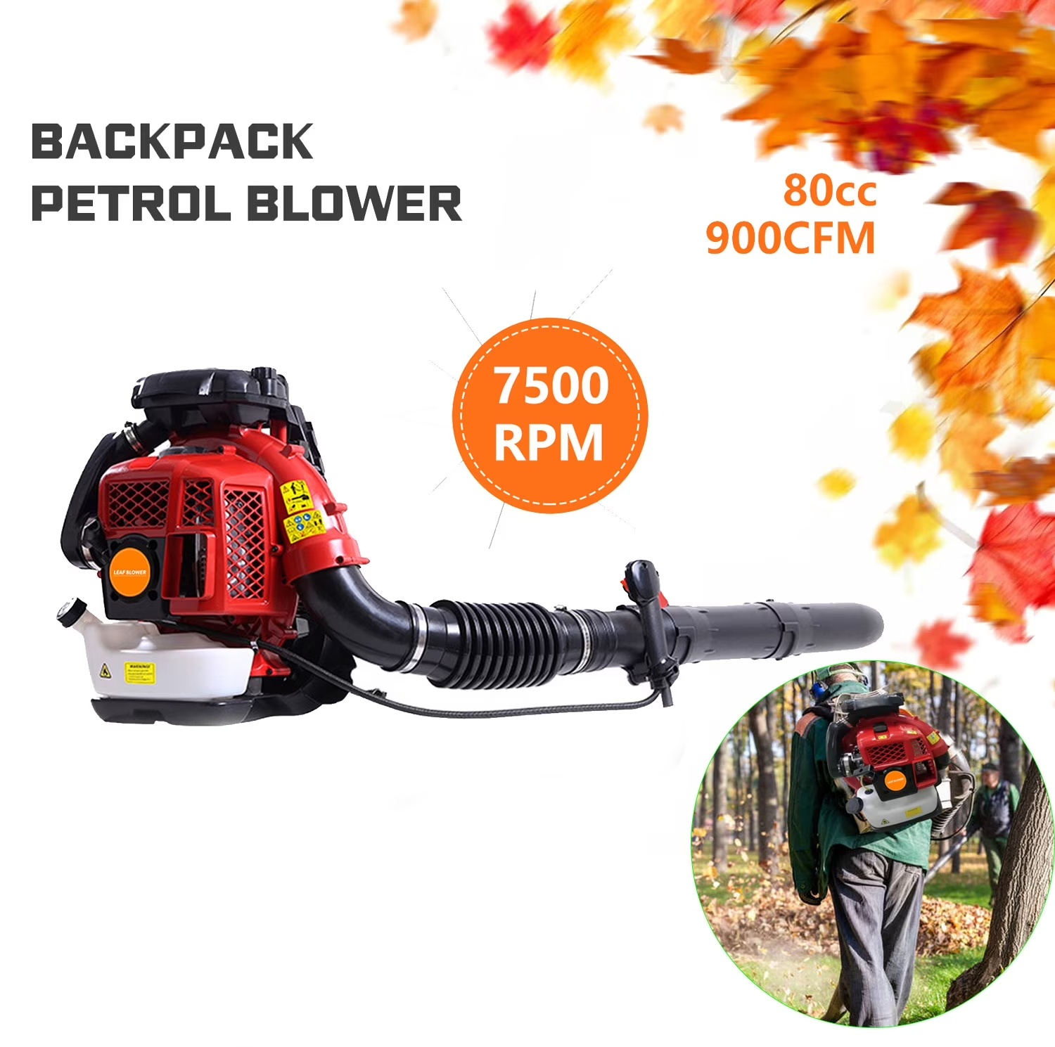 Limorve EB650 Backpack Leaf Blower, 2-Stroke Engine Multi-purpose 63 Cubic Centimeter High Strength Snow Blower for Lawn Care, Patio, Sidewalk,Snow Blowing-Orange - Image 3