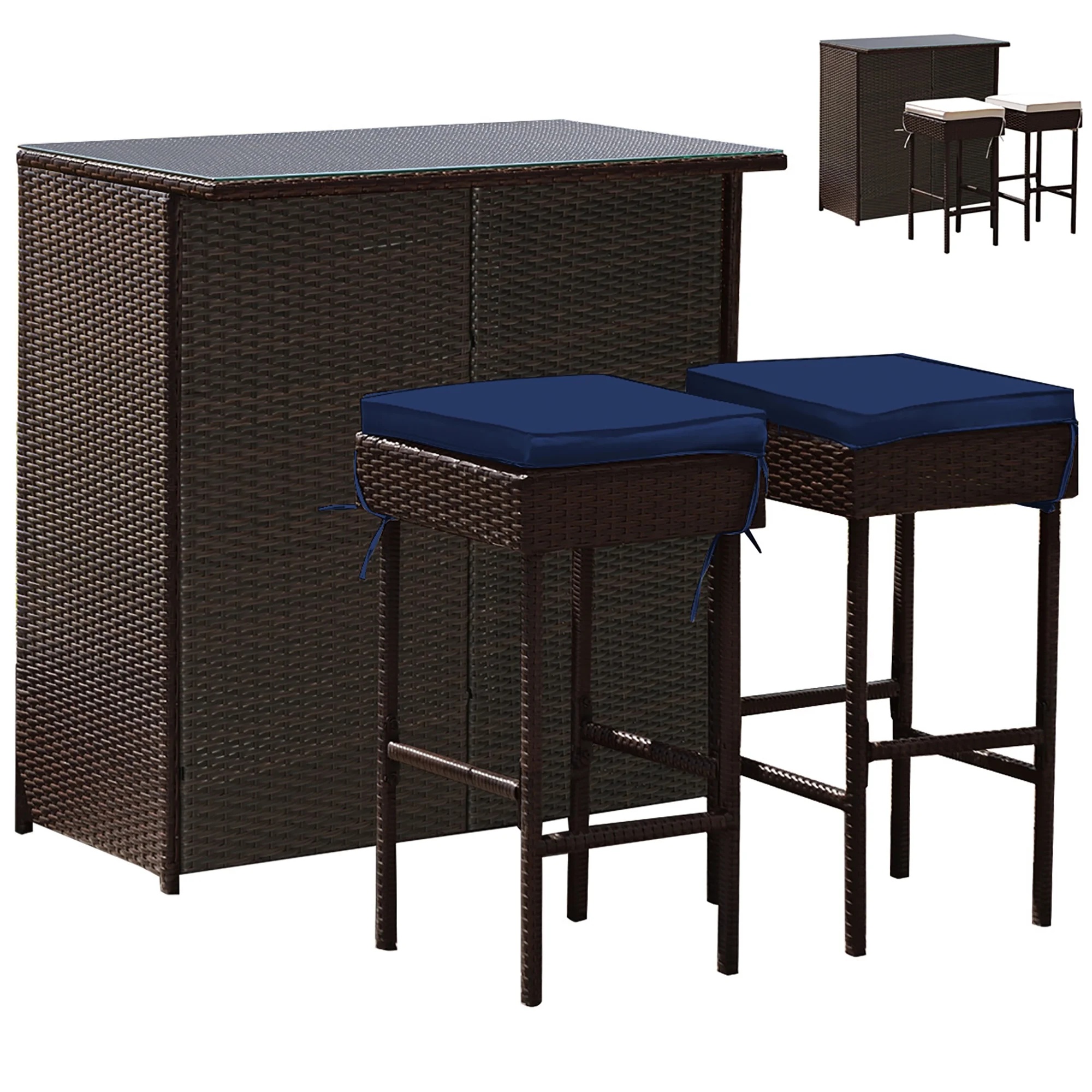 Costway Patio 3PCS Rattan Bar Table Stool Set Cushioned Chairs with Gray & Off white Cover - Image 14
