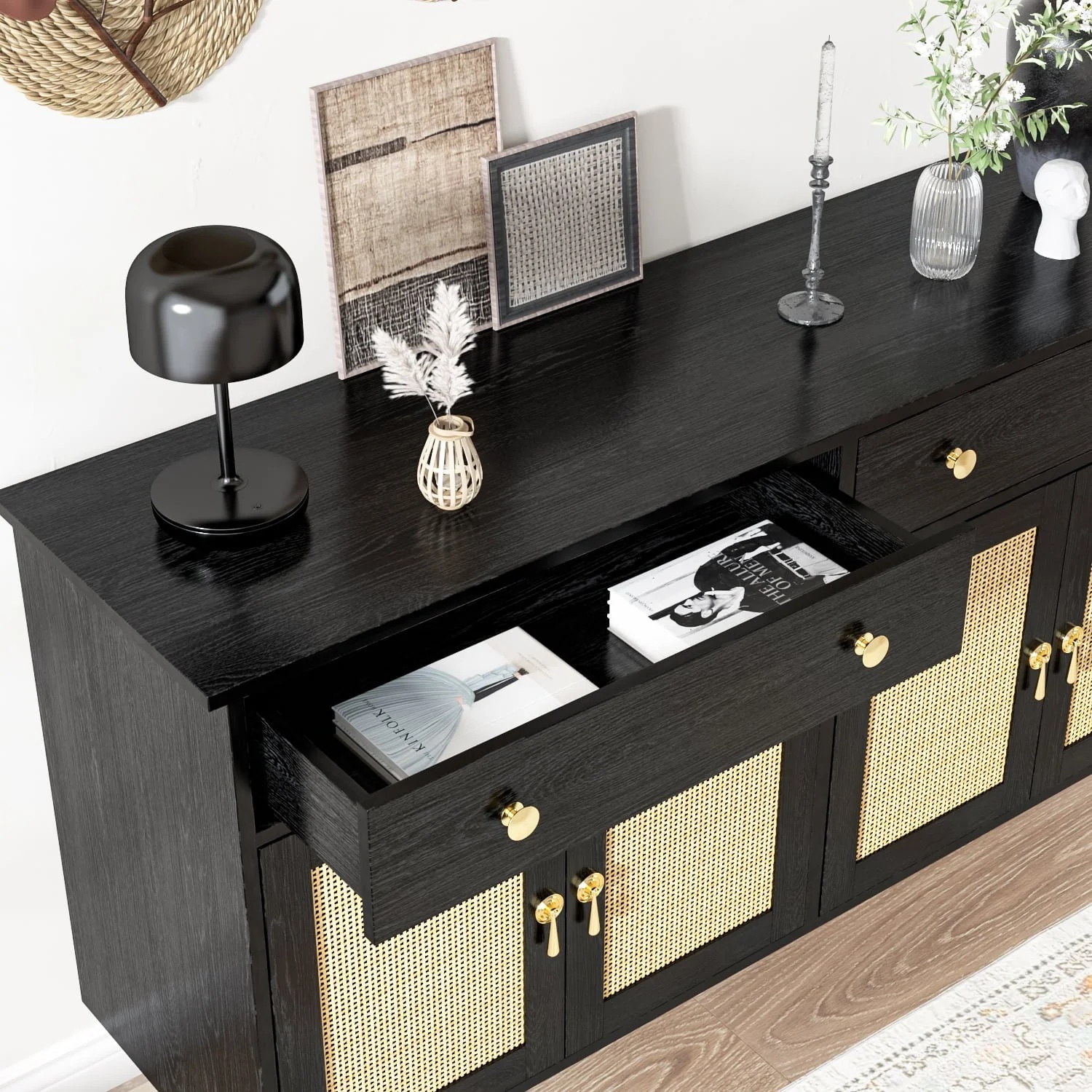 Catrimown Sideboard Buffet Cabinet, 2 Drawer and 4 Rattan Door Sideboard Storage Cabinet, Black - Image 2