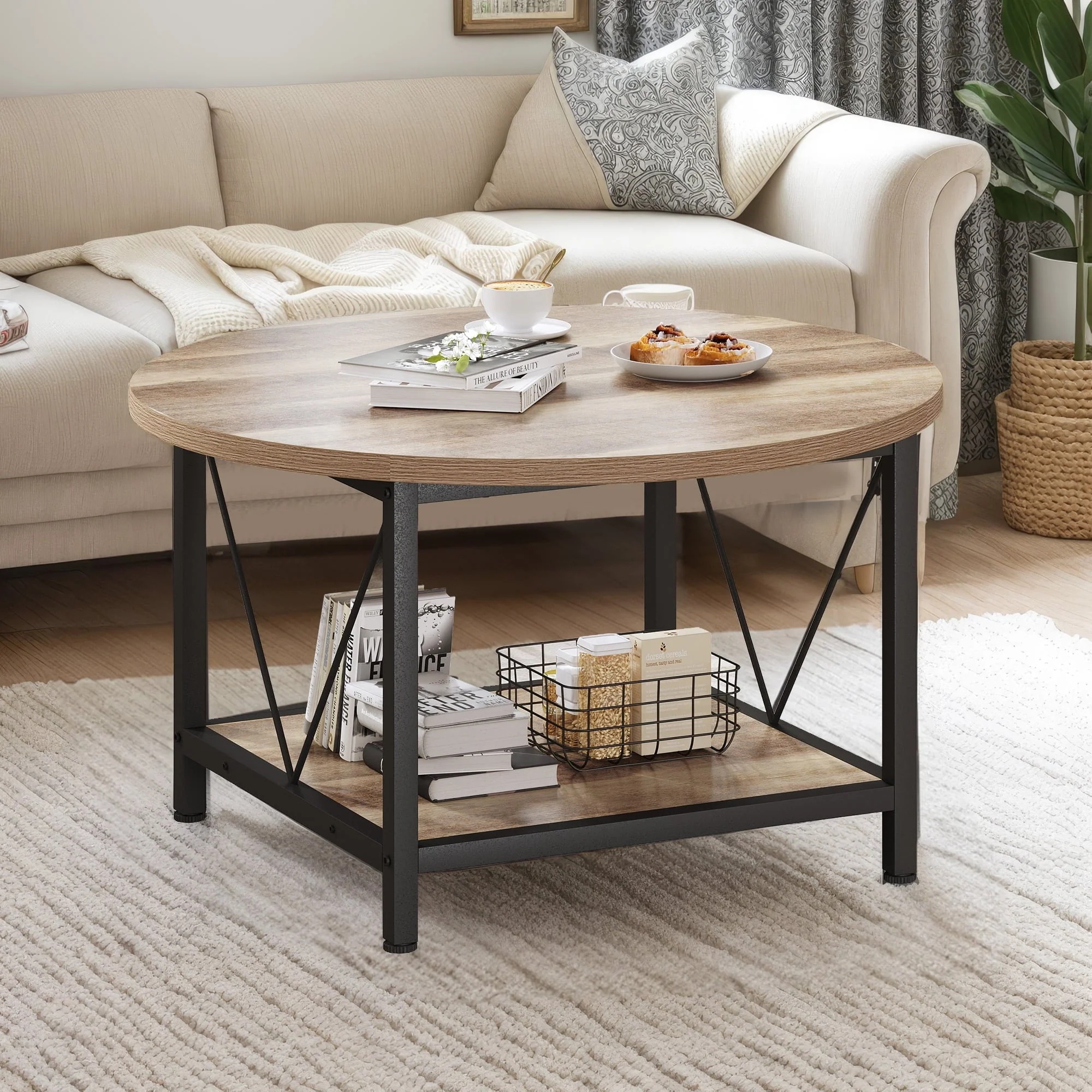 Dextrus Round Coffee Table with Storage, Rustic Living Room Tables with Sturdy Metal Legs, OAK - Image 3