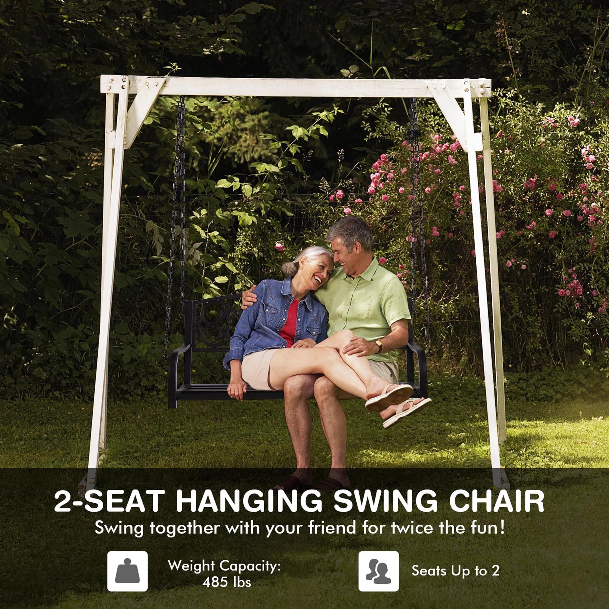 Gymax Patio Hanging Porch Swing 2-Person Outdoor Metal Swing Bench Chair w/ Chains Brown - Image 7