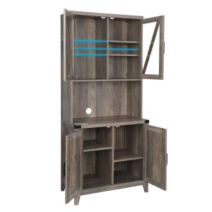 Freestanding Rustic Kitchen Buffet with Hutch, Pantry Storage Cabinet with Adjustable Shelf Grey Oak