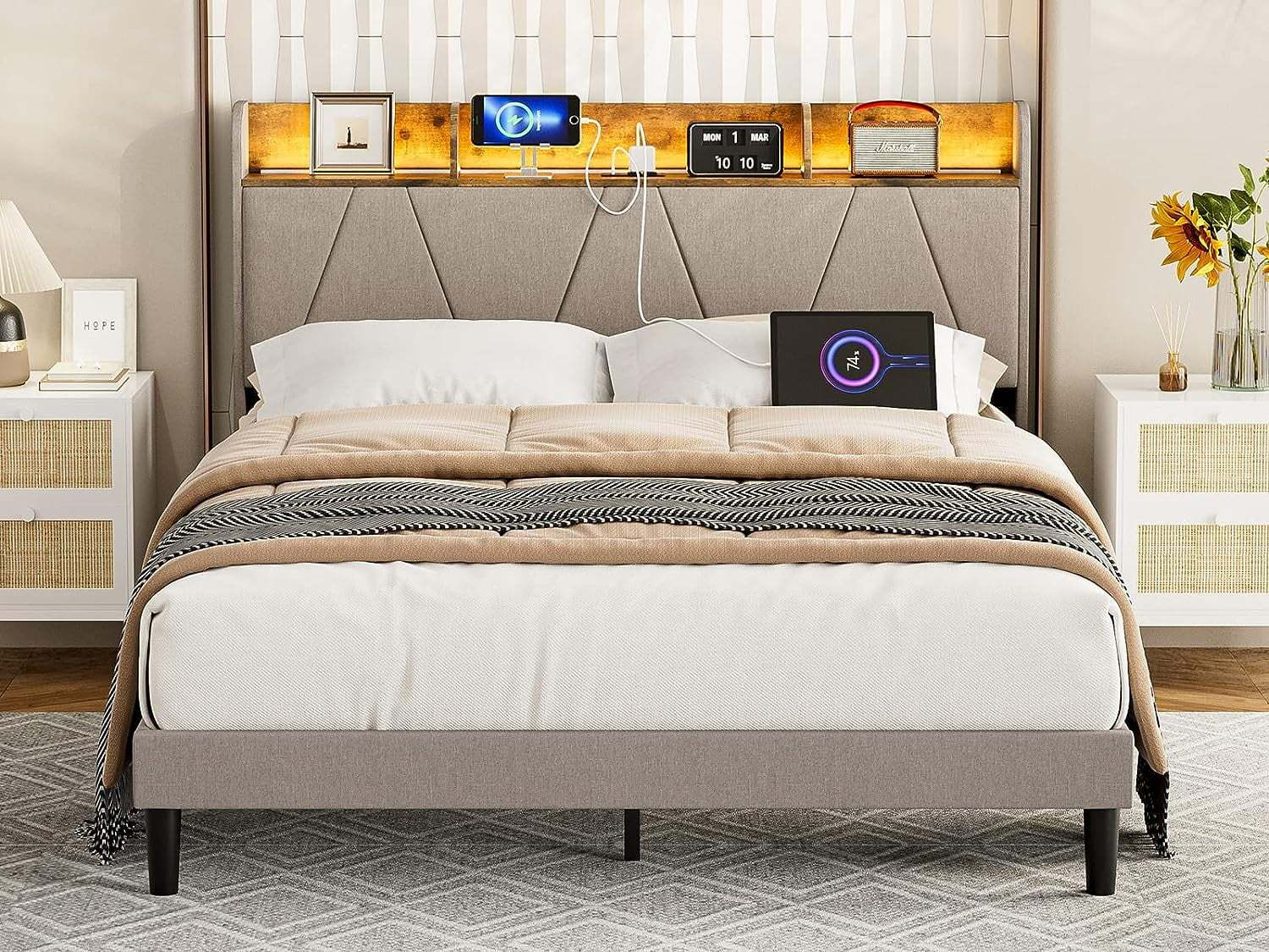 IKIFLY Queen Bed Frame with Charging Station & Storage Shelf Headboard, Upholstered LED Bed Frame with 2 Outlets and 2 USB Ports-? Type C-? Solid Wood Slats, No Box Spring Needed - Light Brown
