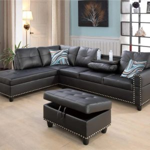 PonLiving Furniture Maghin 98'' Black Leather Sectional Sofa with Storage Ottoman Left Hand Facing PonLiving Maghin 98'' Black Leather Sectional Sofa with Storage Ottoman Left Hand Facing