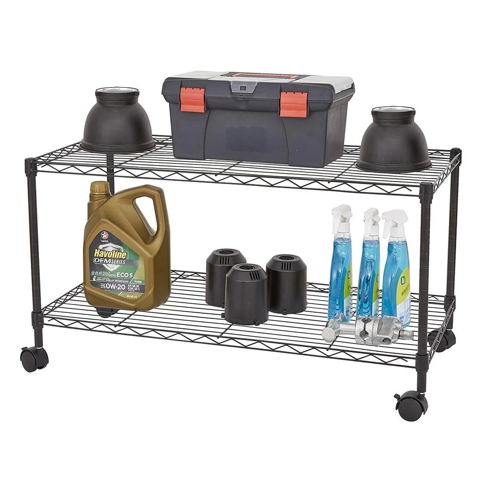Zimtown 2-Tier Adjustable Rolling Cart, 35"W x 17.7"D x 19"H Garage Shelving Unit Storage Rack, Black - Image 3