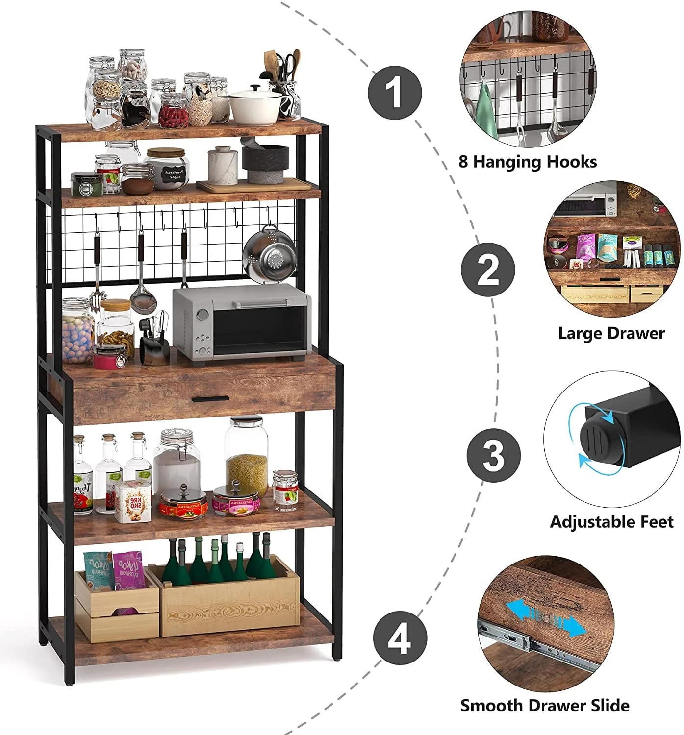 Tribesigns Kitchen Bakers Rack with Hutch, 5-Tier Kitchen Utility Storage Shelf with Hutch and 8 S-Hooks, Vintage Brown - Image 5