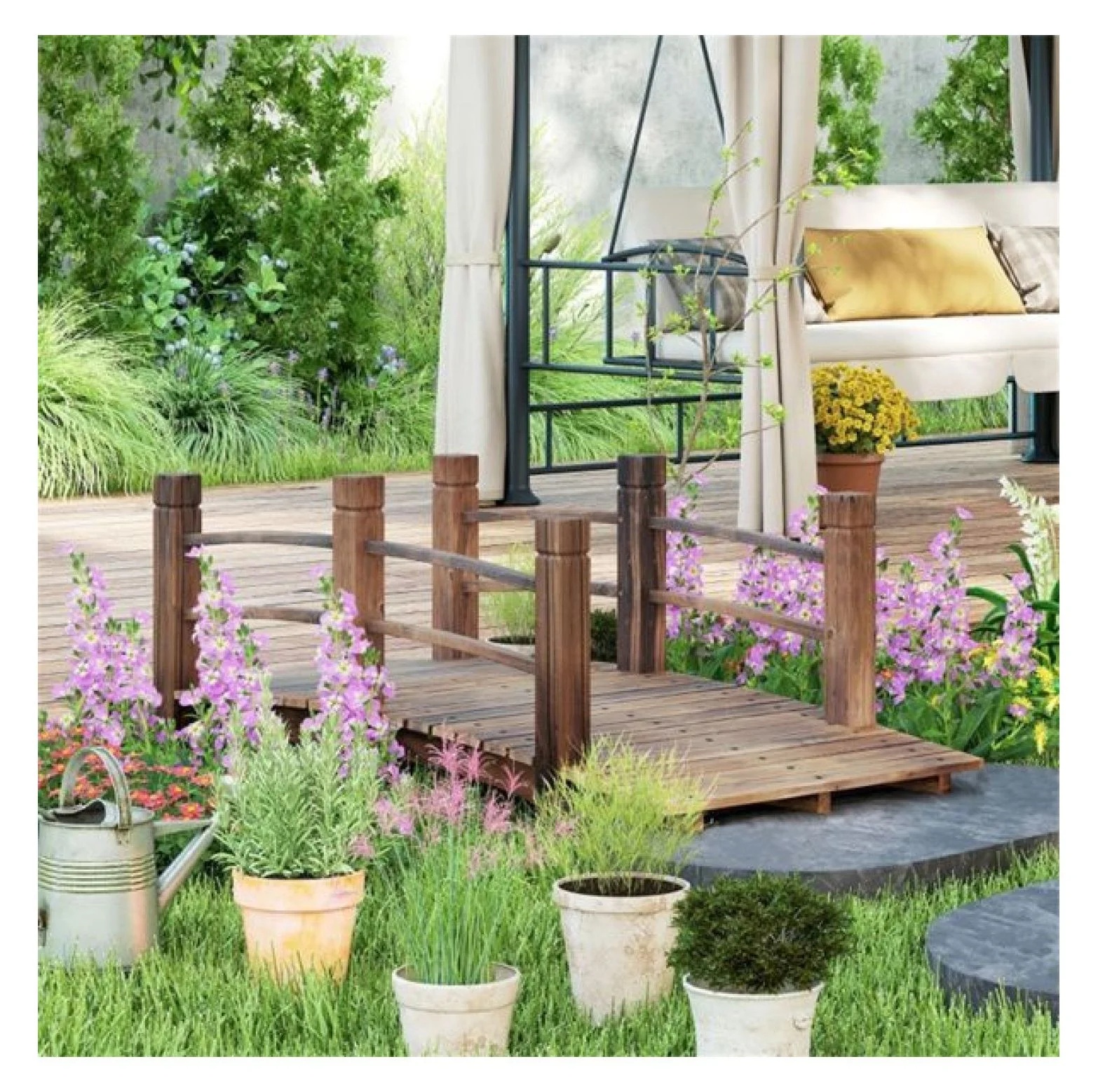 Wooden Garden Bridge Arc Footbridge 5ft - Stained Fir Wood Outdoor Decorative Bridge - Landscape Pathway Bridge with Rails - Garden Pond Bridge - Image 7