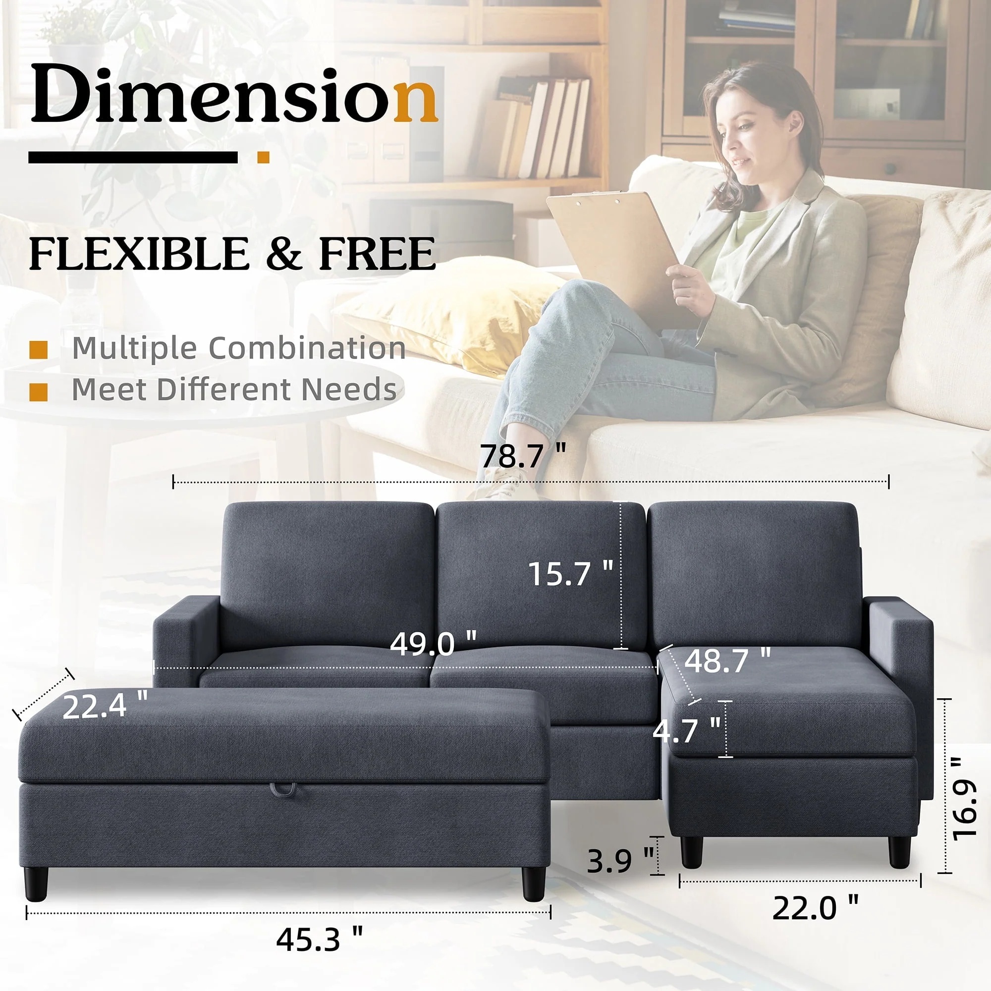 Sobaniilo Soft Couches Set, Convertible Sectional Sofa with Storage Ottoman, Fabric Couches Set for Living Room, Dark Grey - Image 9