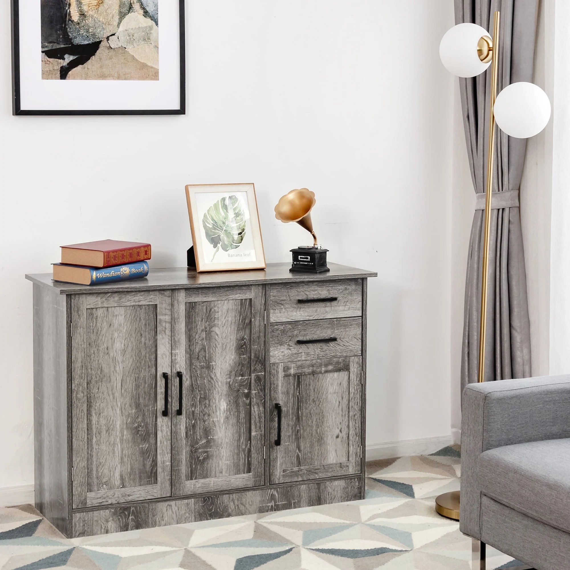 Gymax Buffet Storage Cabinet Console Table Kitchen Sideboard Drawer Grey - Image 3