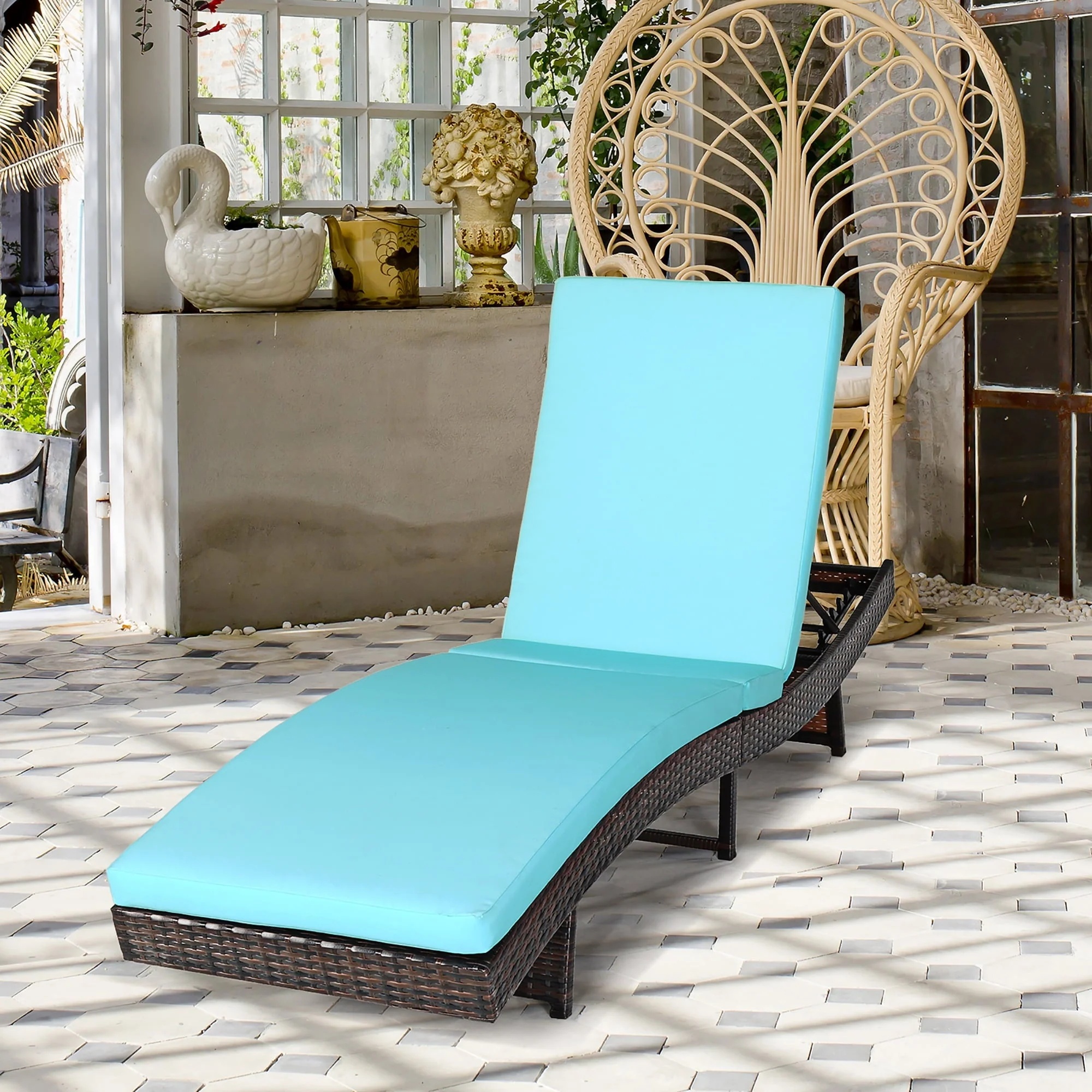 Costway Patio Rattan Folding Lounge Chair Chaise Adjustable W/Turquoise Cushion - Image 3