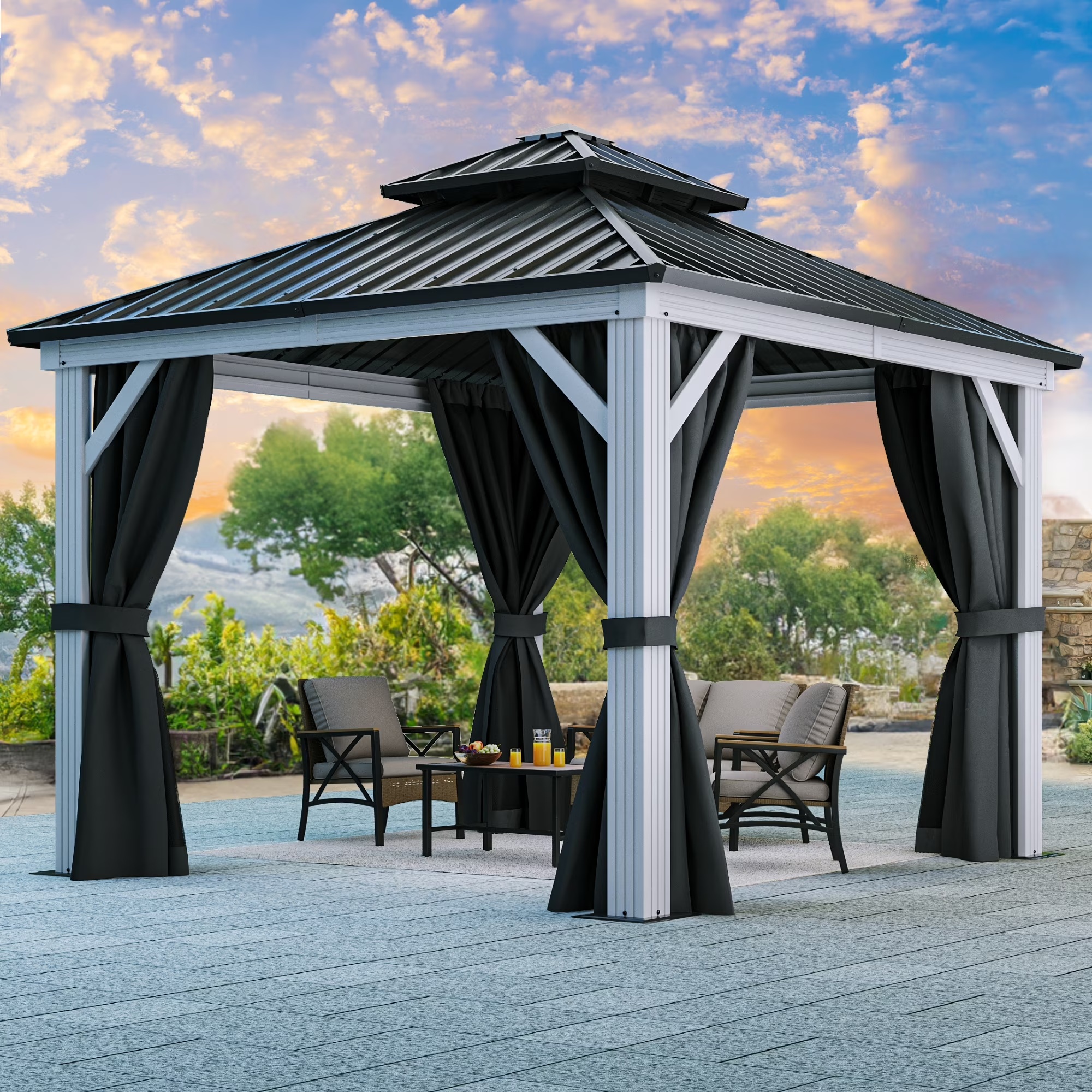 Dextrus 10x12ft Double Roof Hardtop Gazebo with Netting&Curtains, Double Galvanized Iron Aluminum Frame Outdoor White Gazebo,Ideal for Patio, Backyard,Deck and Lawns,Grey Curtain - Image 3