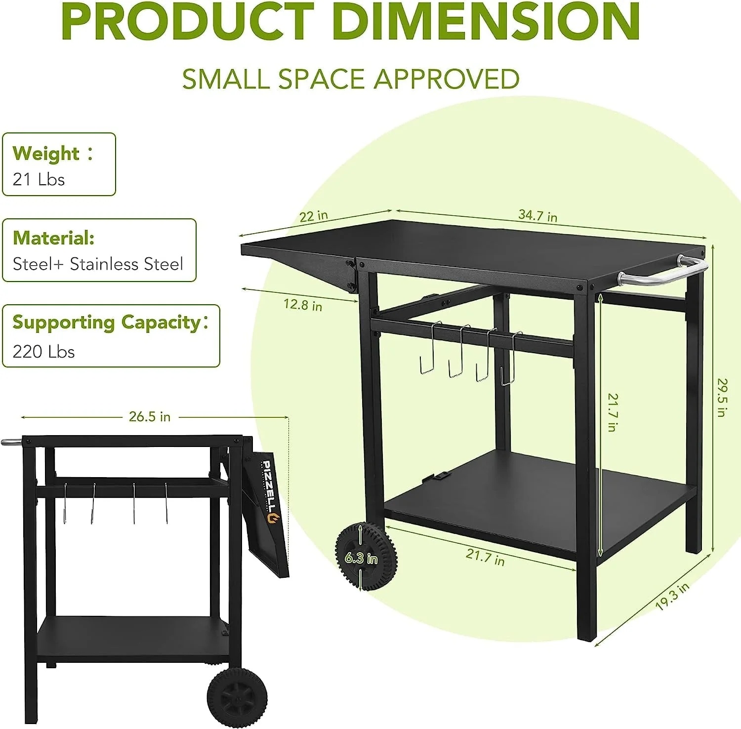 Pizzello Outdoor Bar Cart with Storage Wheel Hook Expandable Countertop, Black - Image 7