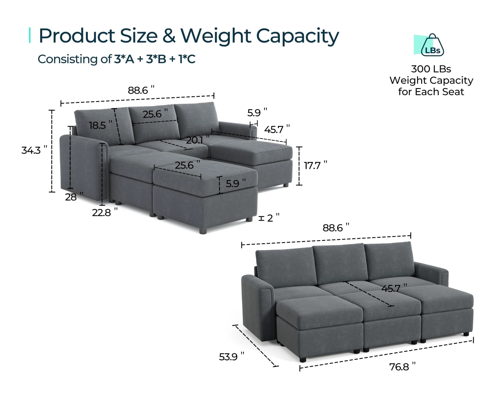 Linsy Home Modern Convertible Sleeper Sofa Bed with Storage Ottomans, Modular Sectional Couch Sofa,Dark Gray - Image 2