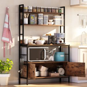 NAIYUFA 5-Tier Kitchen Baker’s Rack with Storage,Large Bakers Rack with Cabinet, Heavy Duty Oven Stand Microwave Rack,Free Standing Kitchen Utility Shelf with Storage,Metal Spice Rack with Hooks