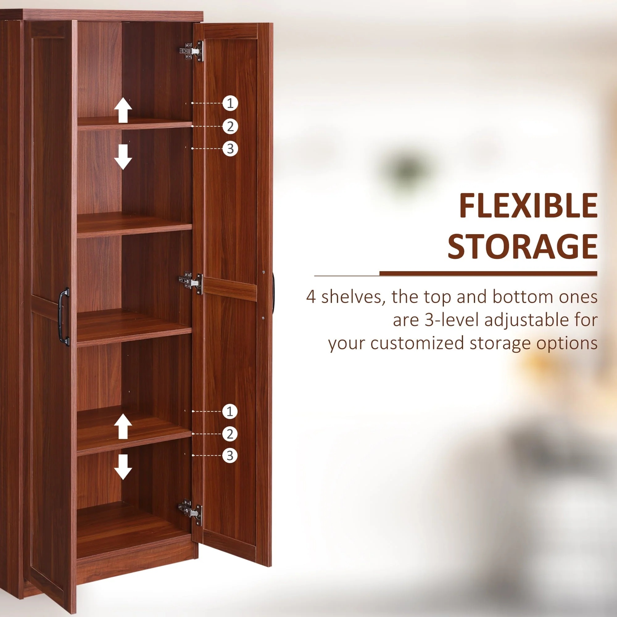 HomCom 2-Door Kitchen Pantry Cabinet Cupboard with 5-Tier Storage Shelves, Brown - Image 10