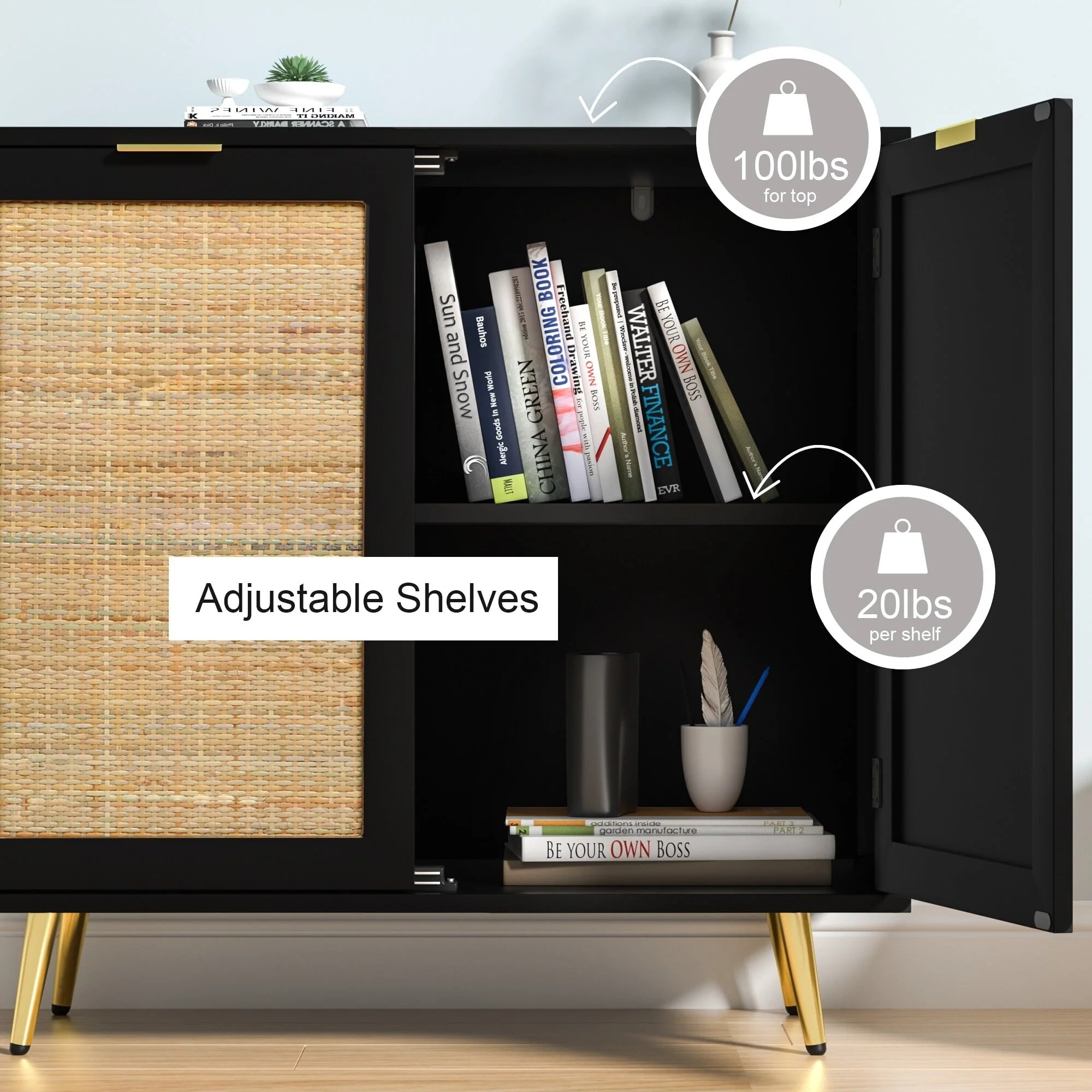 Anmytek Natural Rattan Black Buffet Sideboard Storage Cabinet with 2 Doors - Image 4