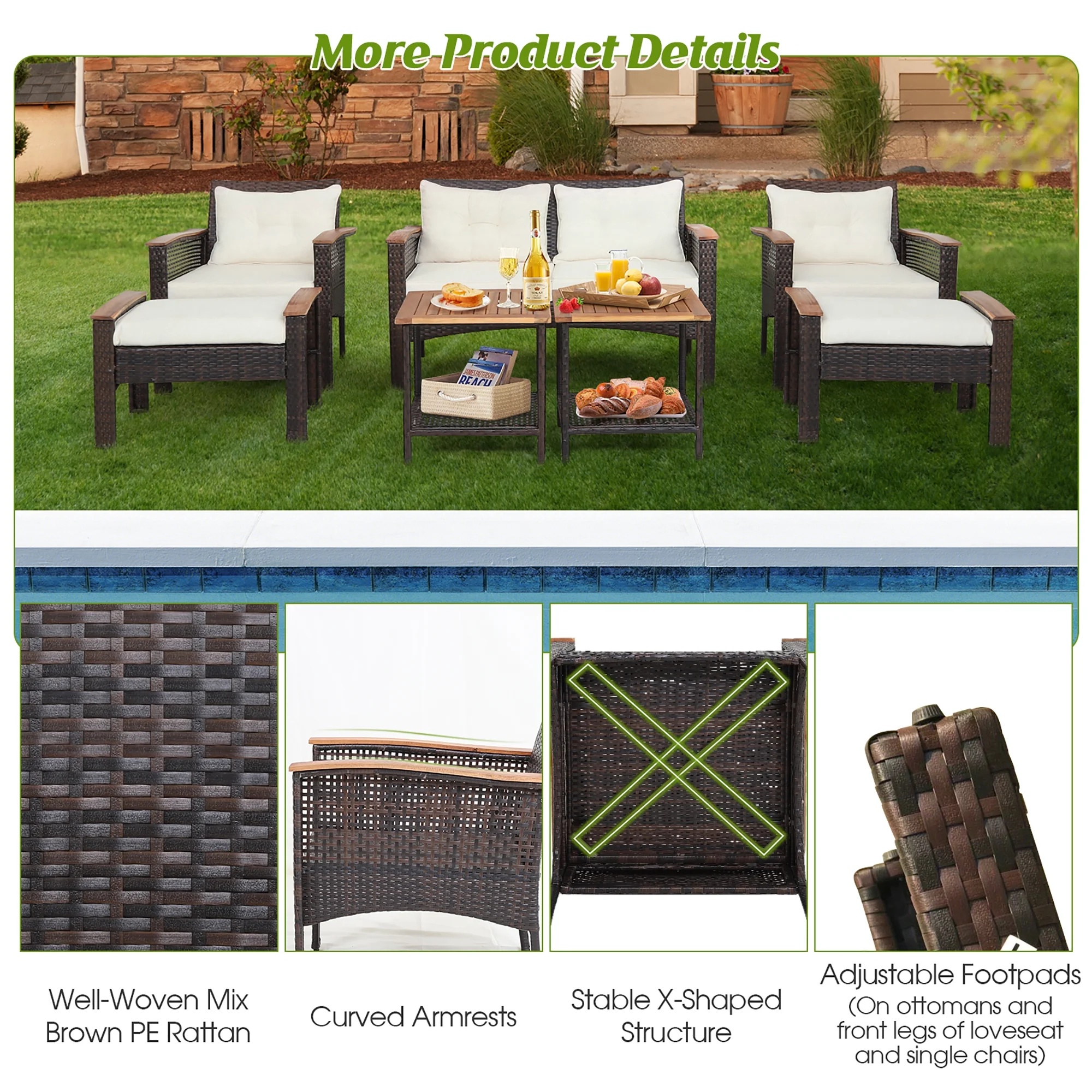 Gymax 7PCS Patio Rattan Sofa Set Outdoor Wicker Conversation Set w/ Coffee Tables - Image 7