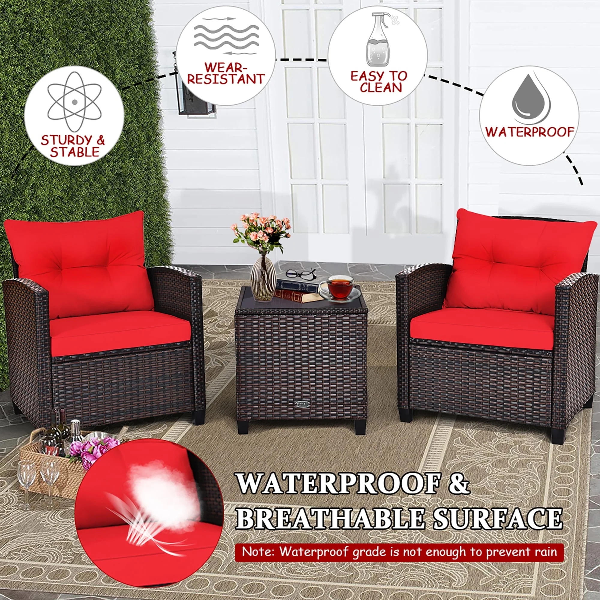 Costway 3PCS Patio Rattan Furniture Set Cushioned Conversation Set Sofa Coffee Table Red - Image 7