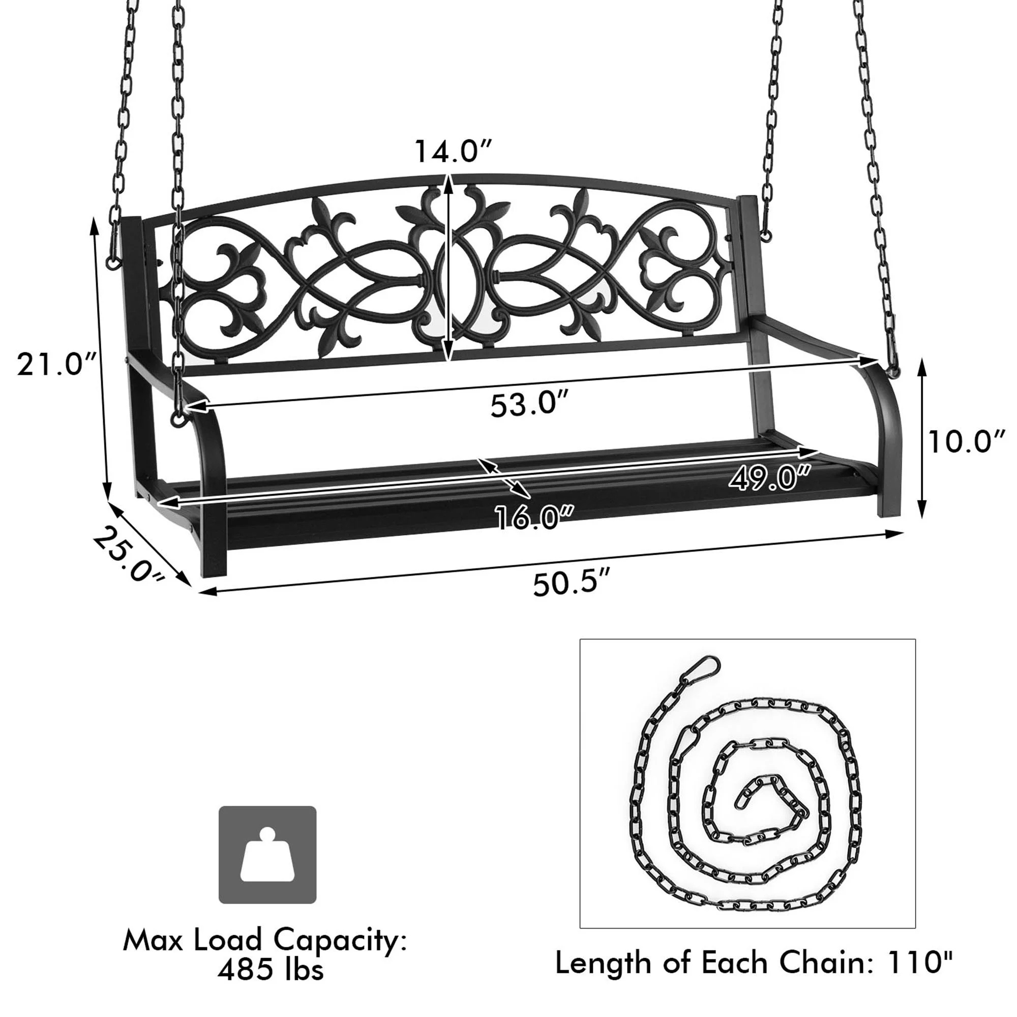 Gymax Patio Hanging Porch Swing 2-Person Outdoor Metal Swing Bench Chair w/ Chains Brown - Image 12