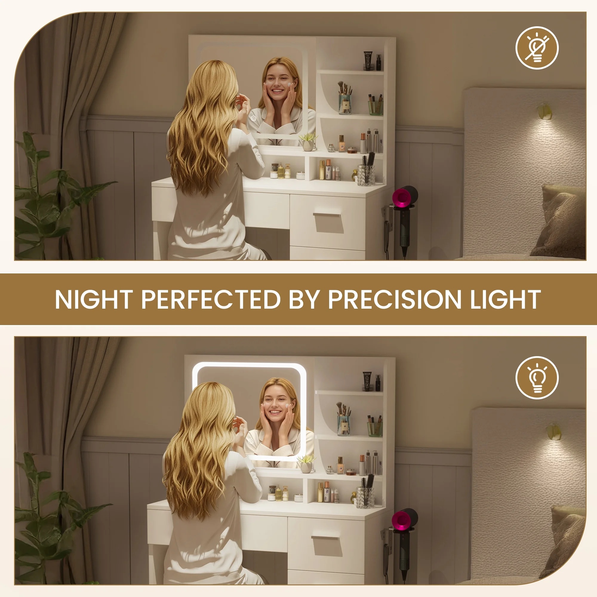 LIVELYGLOW Vanity Desk with Mirror and Lights, Makeup Vanity with Drawer & Storage Shelves, Cabinet, 3 Lighting Modes Adjustable Brightness,White - Image 39