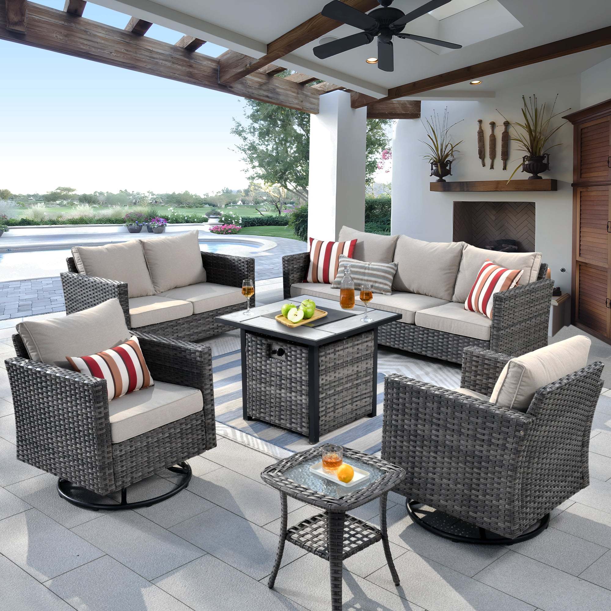 Ovios 6 Pieces Outdoor Patio Furniture Set with Gas Propane Fire Pit Table Wicker Outdoor Conversation Set with Swivel Rocking Chair for Backyard, Cushion Beige - Image 36