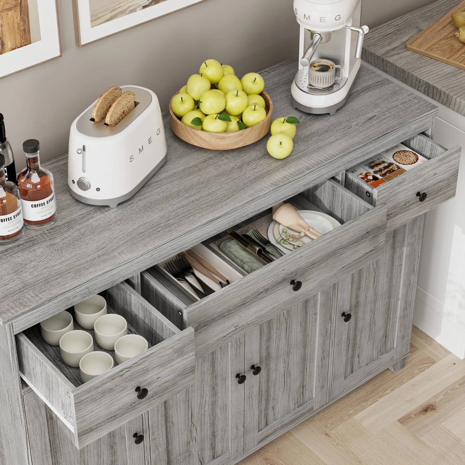 Homfa Buffet Sideboard, Wooden Storage Cabinet with Drawers & Doors, Wide Buffet Cabinet for Dining Room, Gray - Image 4
