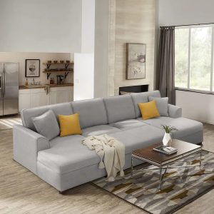 Hommow U-Shaped Sectional Sofa with Pull-Out Bed, Upholstered Modular Couch with Storage, Gray