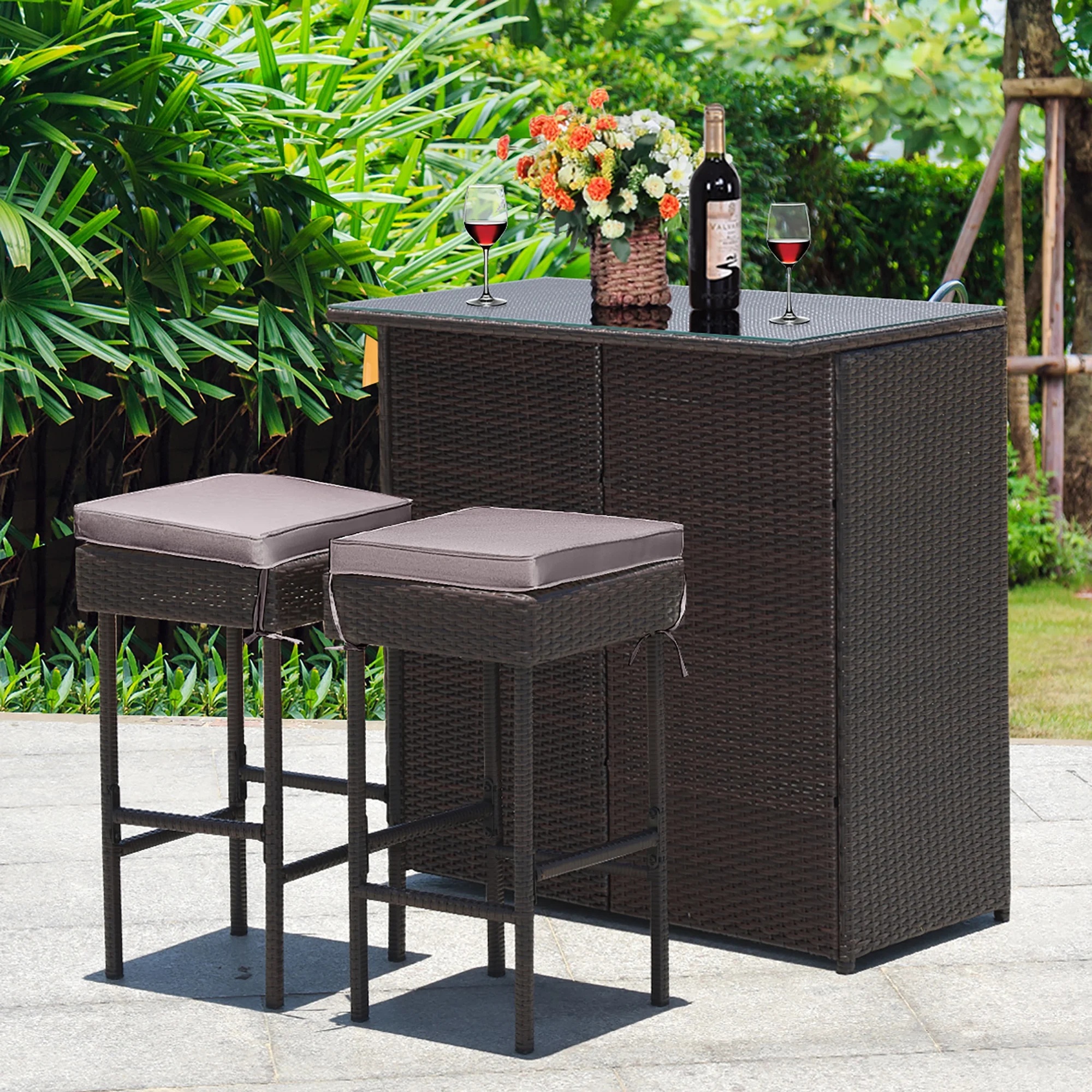 Costway Patio 3PCS Rattan Bar Table Stool Set Cushioned Chairs with Gray & Off white Cover - Image 5