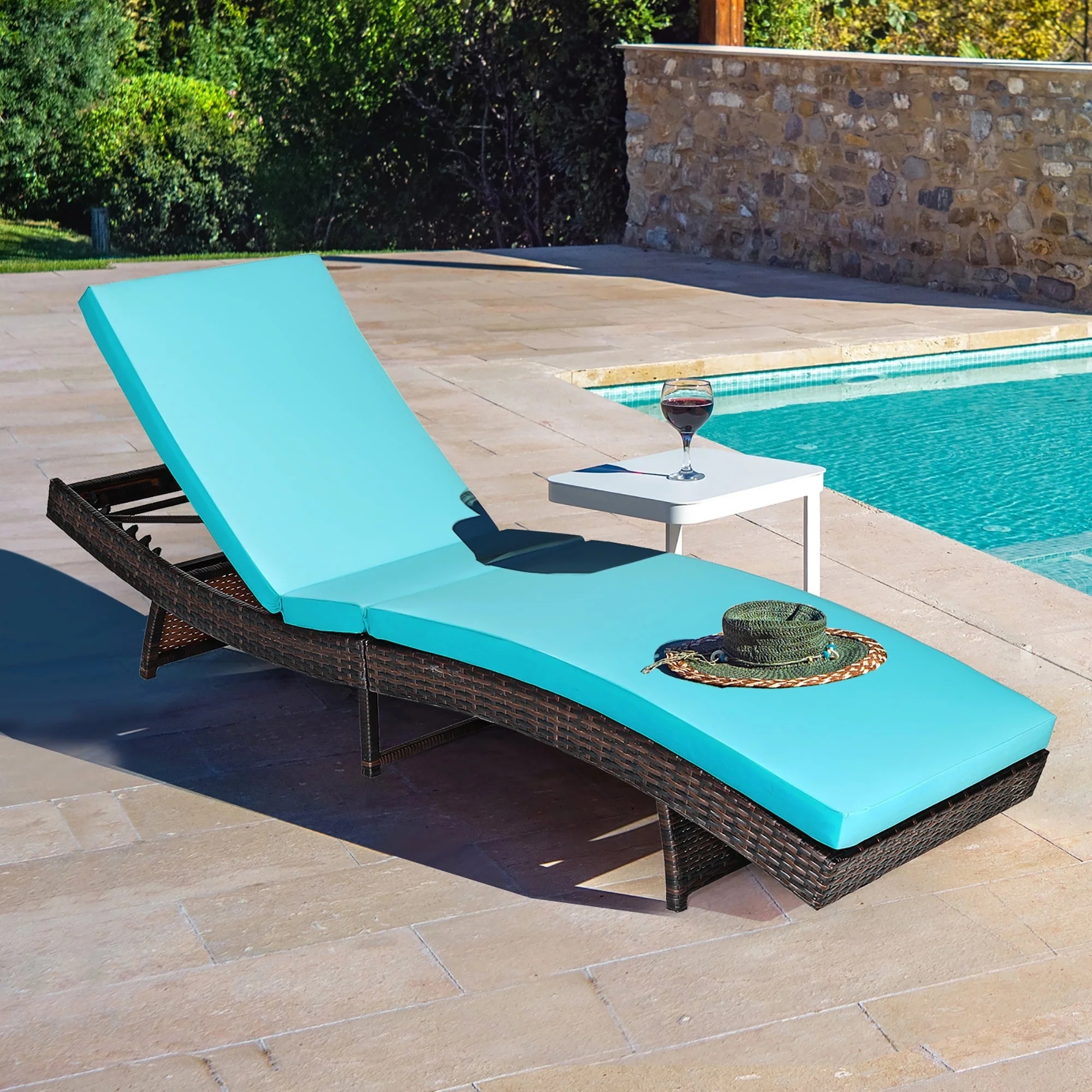 Costway Patio Rattan Folding Lounge Chair Chaise Adjustable W/Turquoise Cushion - Image 5