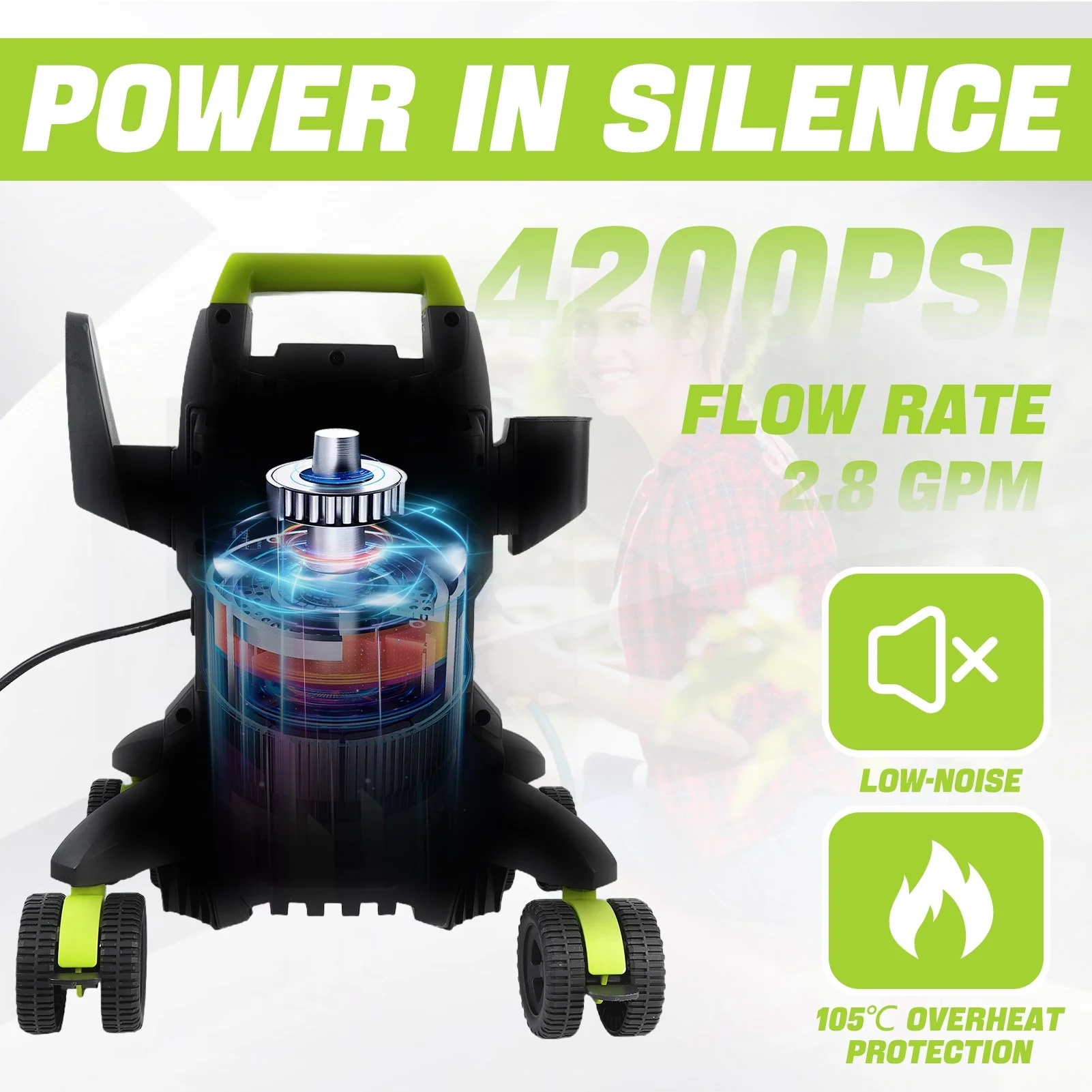 Electric Pressure Washer, 4000PSI Max. 2.8 GPM Power Washer w/ 32 ft Hose and 32 ft Power Cord, 4 Quick Connect Nozzles, 4 Wheels, Foam Cannon, Suitable For Clean Cars, Patios, Driveways - Image 7