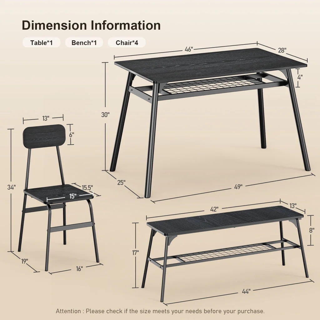 Aiho Dining Table Set for 6 with Storage Rack for Your Daily Meals and Parties - Black - Image 9