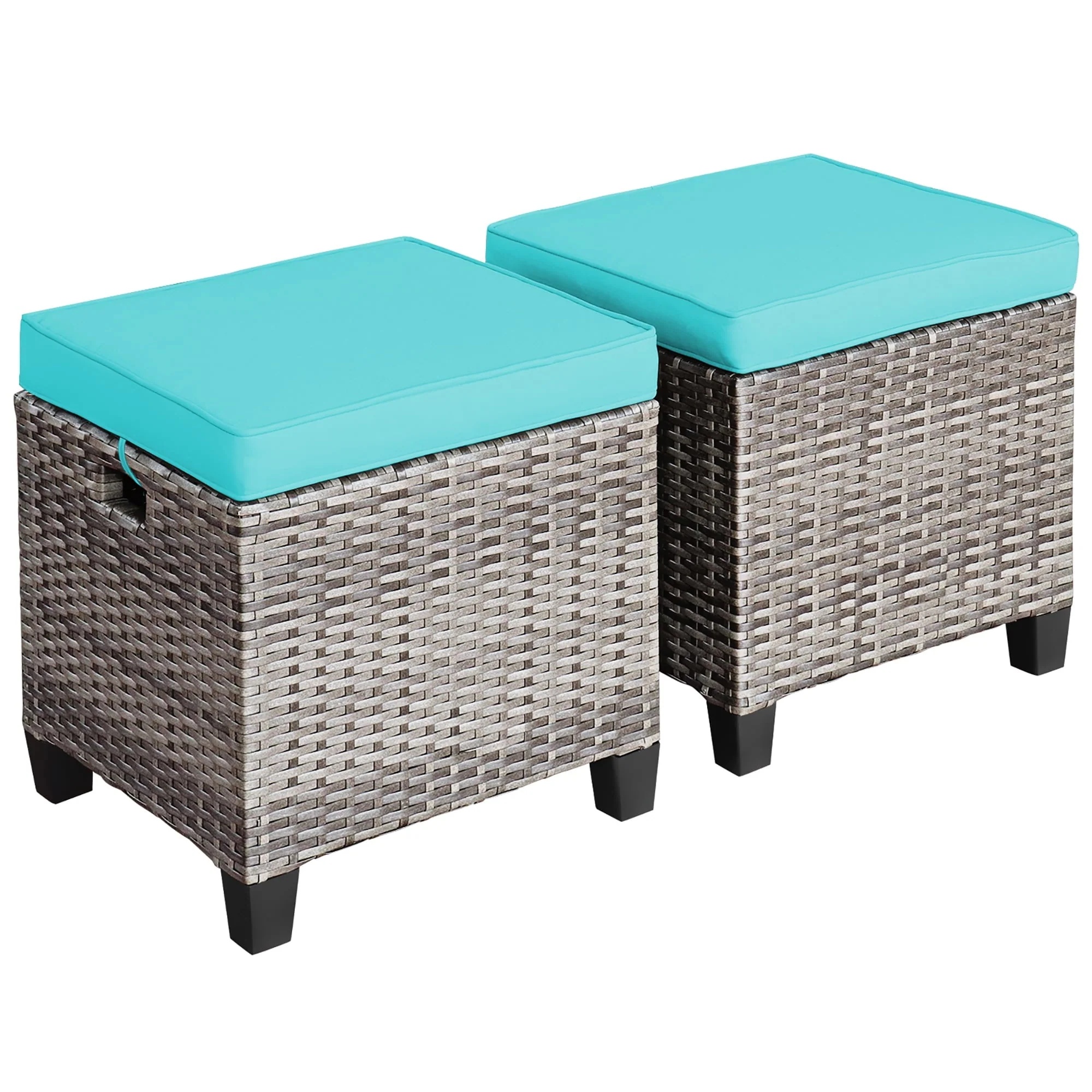 Costway 2PCS Patio Rattan Cushioned Ottoman Seat Foot Rest TableTurquoise - Image 5