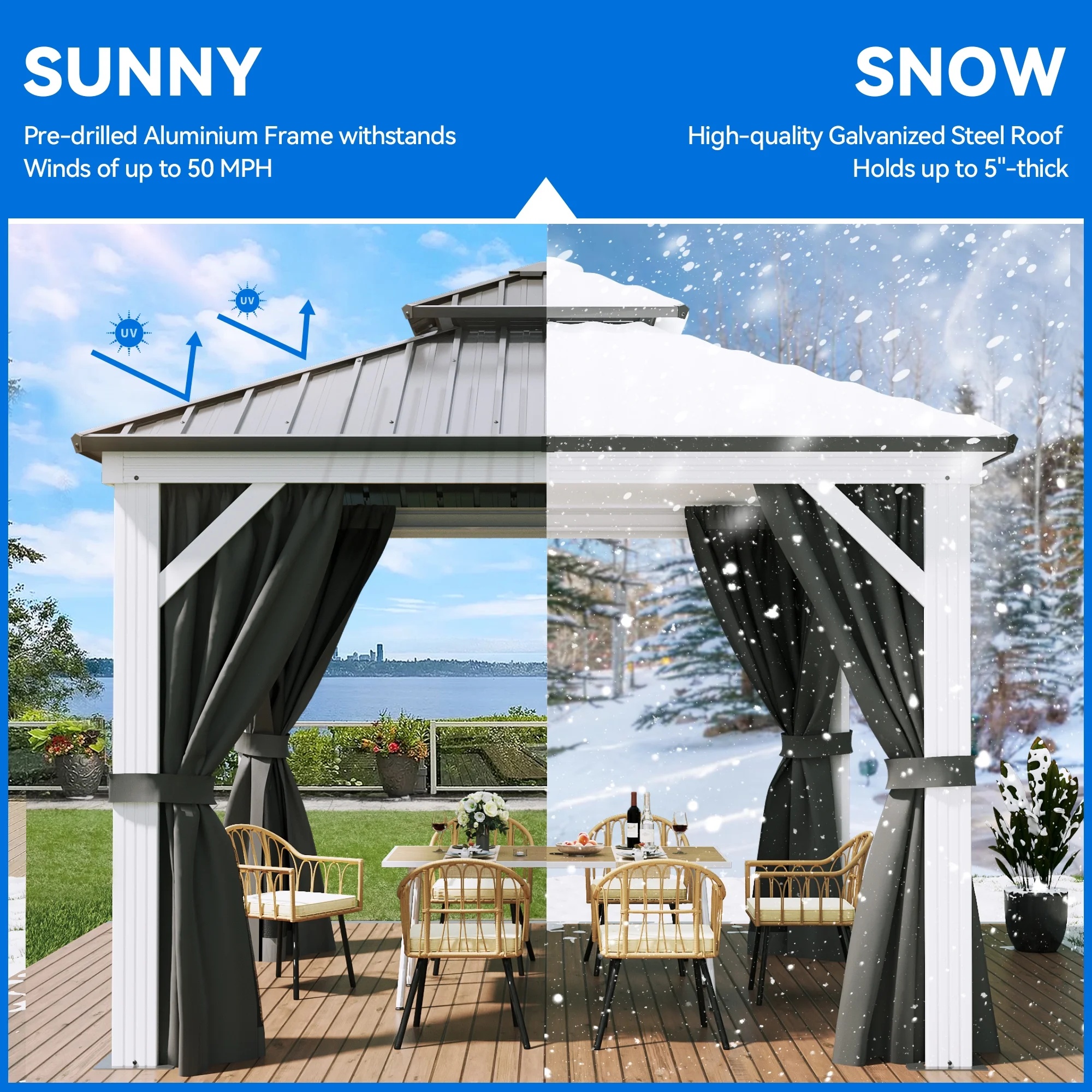 Dextrus 10x12ft Double Roof Hardtop Gazebo with Netting&Curtains, Double Galvanized Iron Aluminum Frame Outdoor White Gazebo,Ideal for Patio, Backyard,Deck and Lawns,Grey Curtain - Image 11
