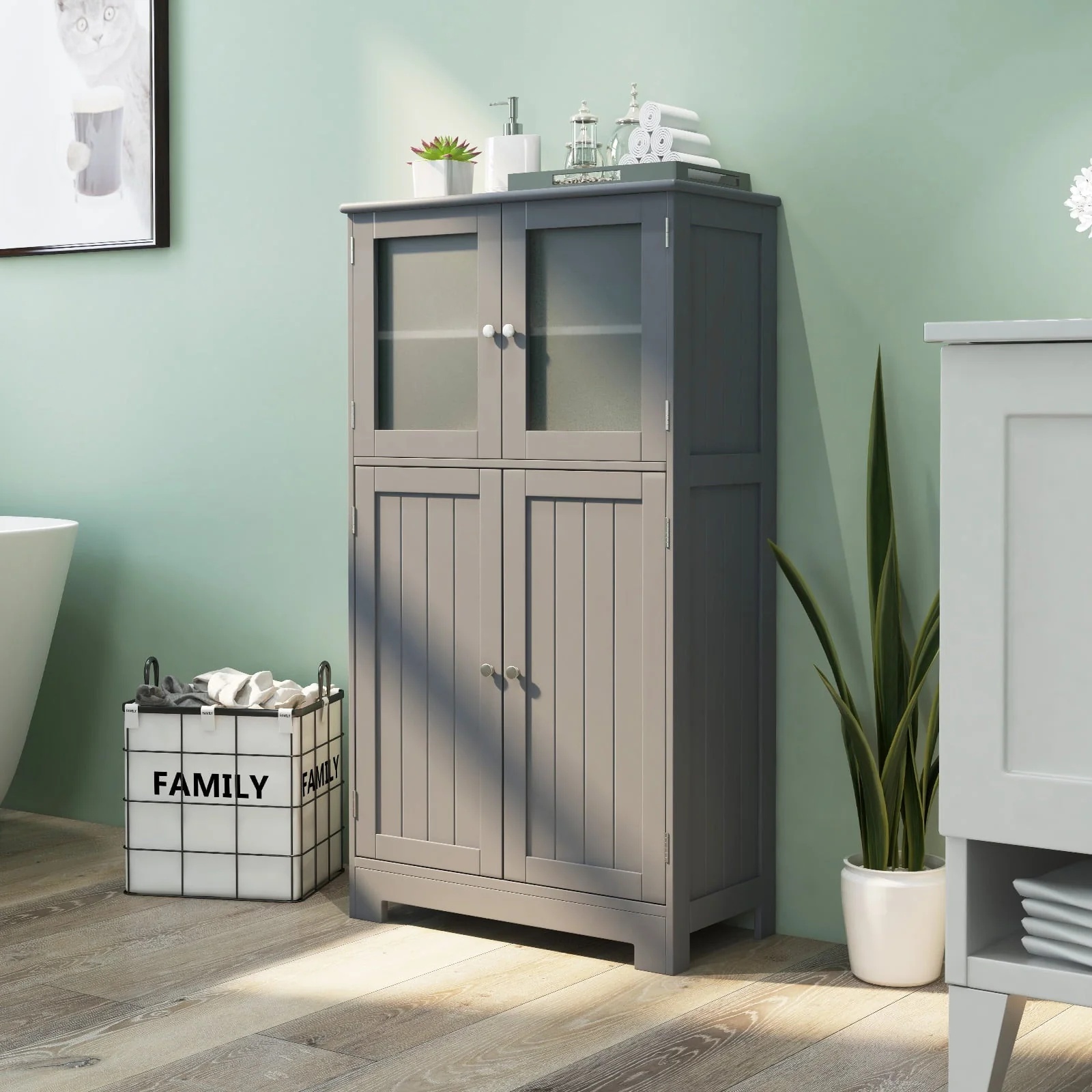 Topbuy Bathroom Storage Cabinet Freestanding Storage Cabinet w/ 4 Doors Wooden Kitchen Cupboard w/ Adjustable Shelf - Image 3