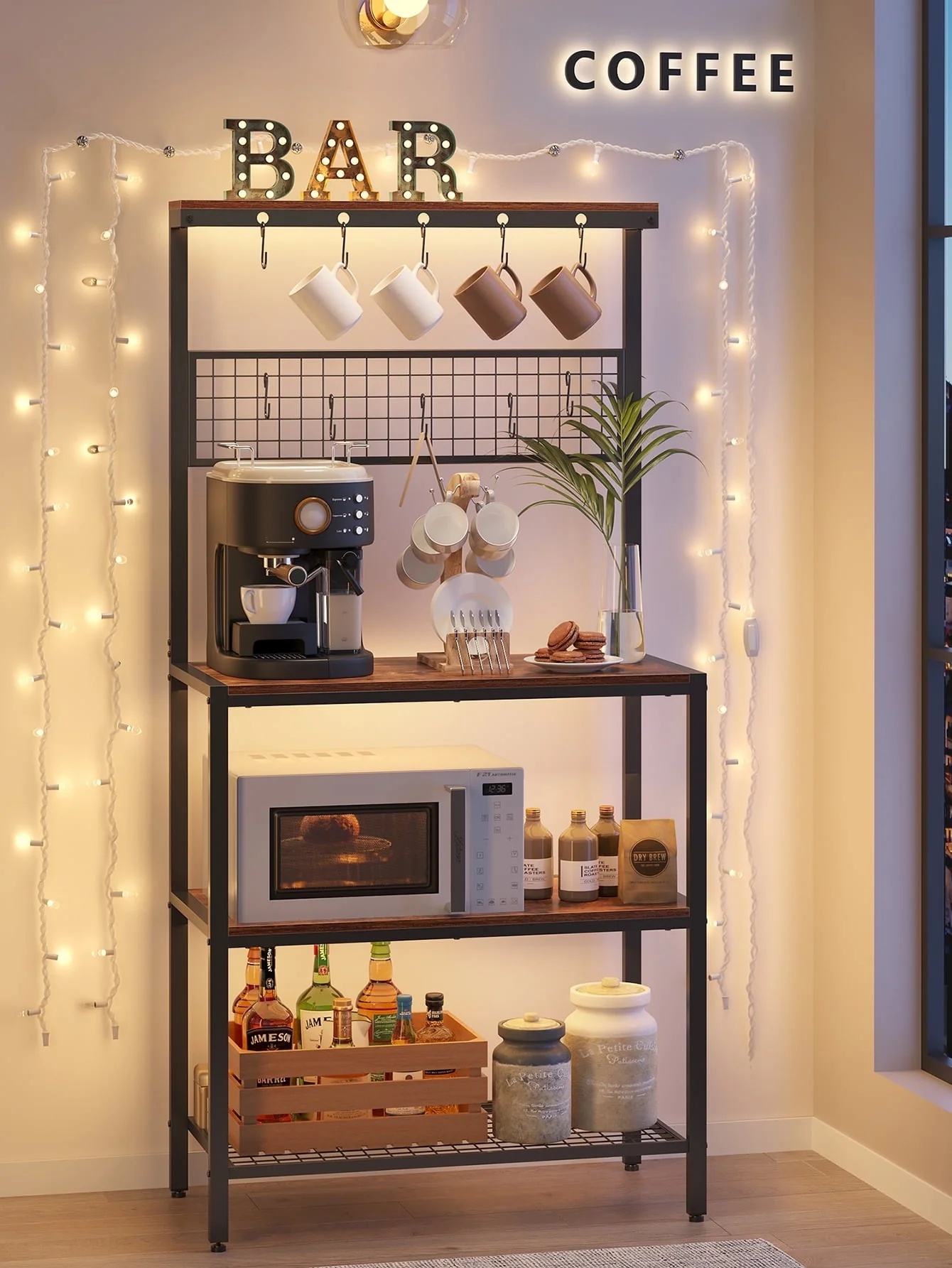 VASAGLE Kitchen Baker's Rack Coffee Bar Storage Shelf Island Rack Microwave Stand with 10 Hooks 3 Shelves Rustic Brown and Black - Image 3