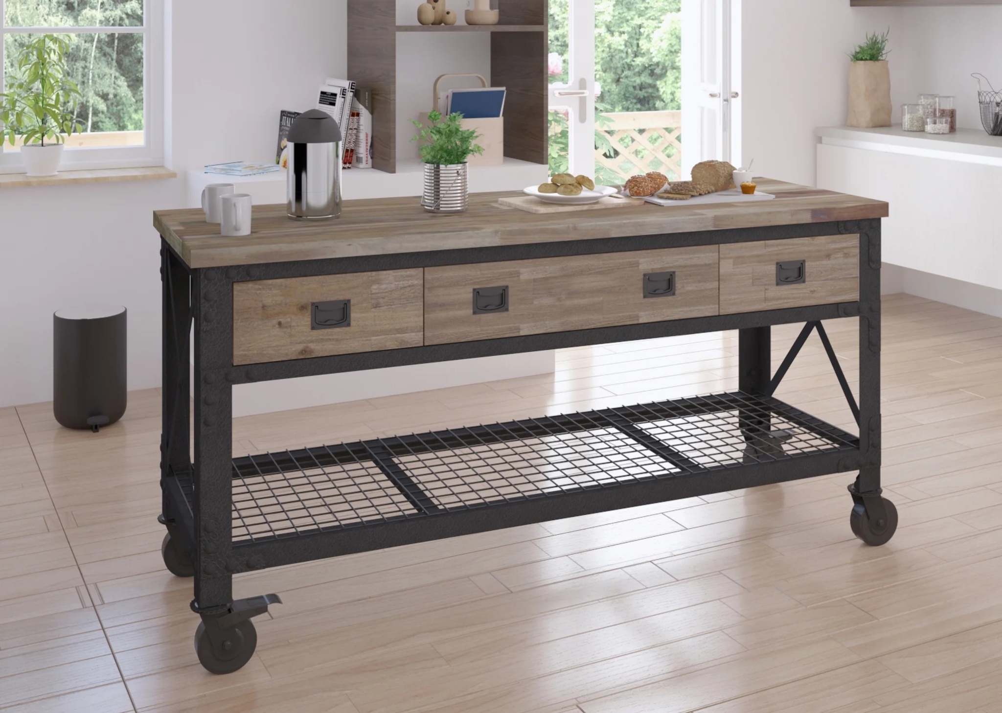 72 In x 24 In. 3 Drawer Rolling Industrial Workbench with Wood Top - Aged Macadamia - Image 12