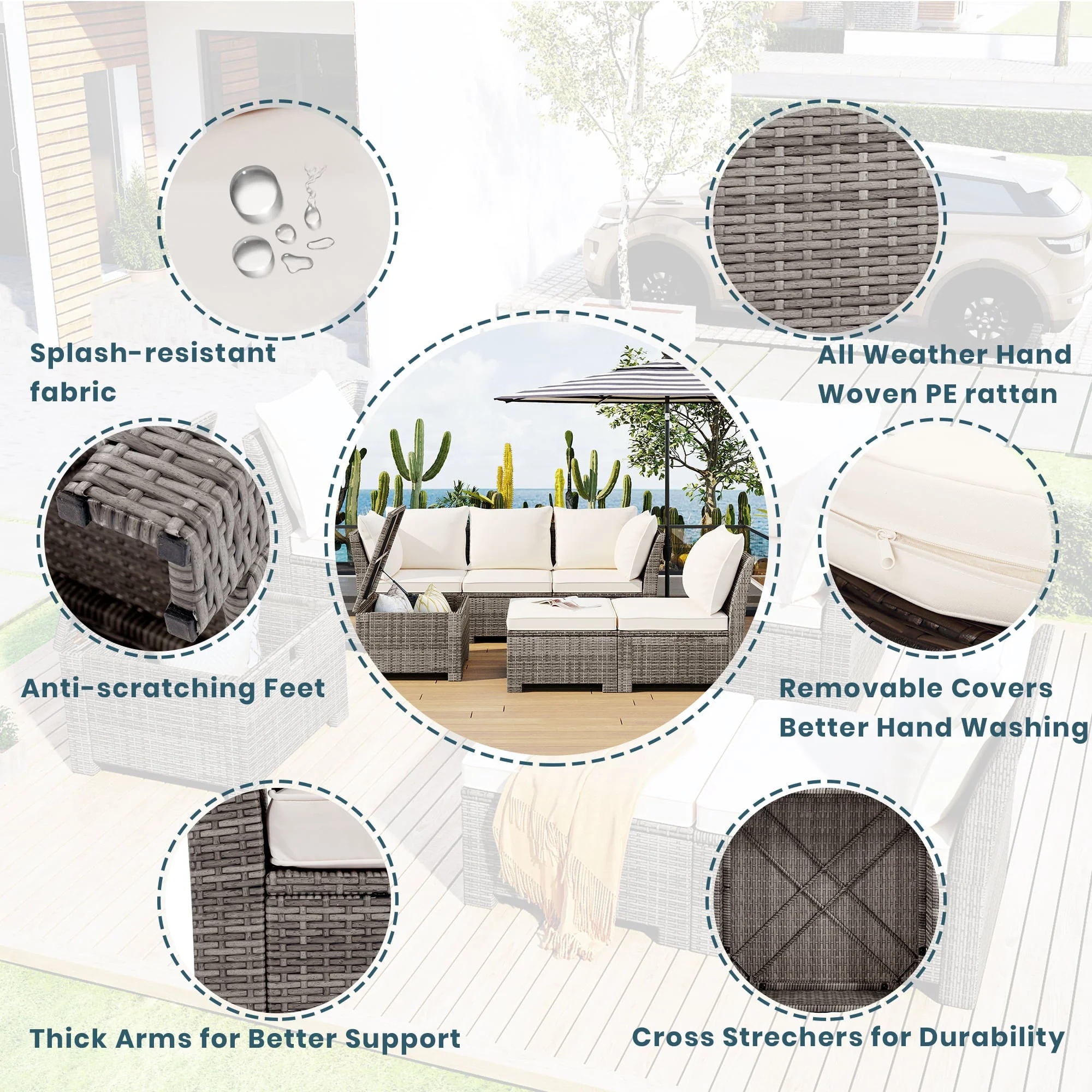 Euroco 6-Piece Outdoor Sofa Set with Storage Box, PE Wicker Seating Set for 5, Beige - Image 9