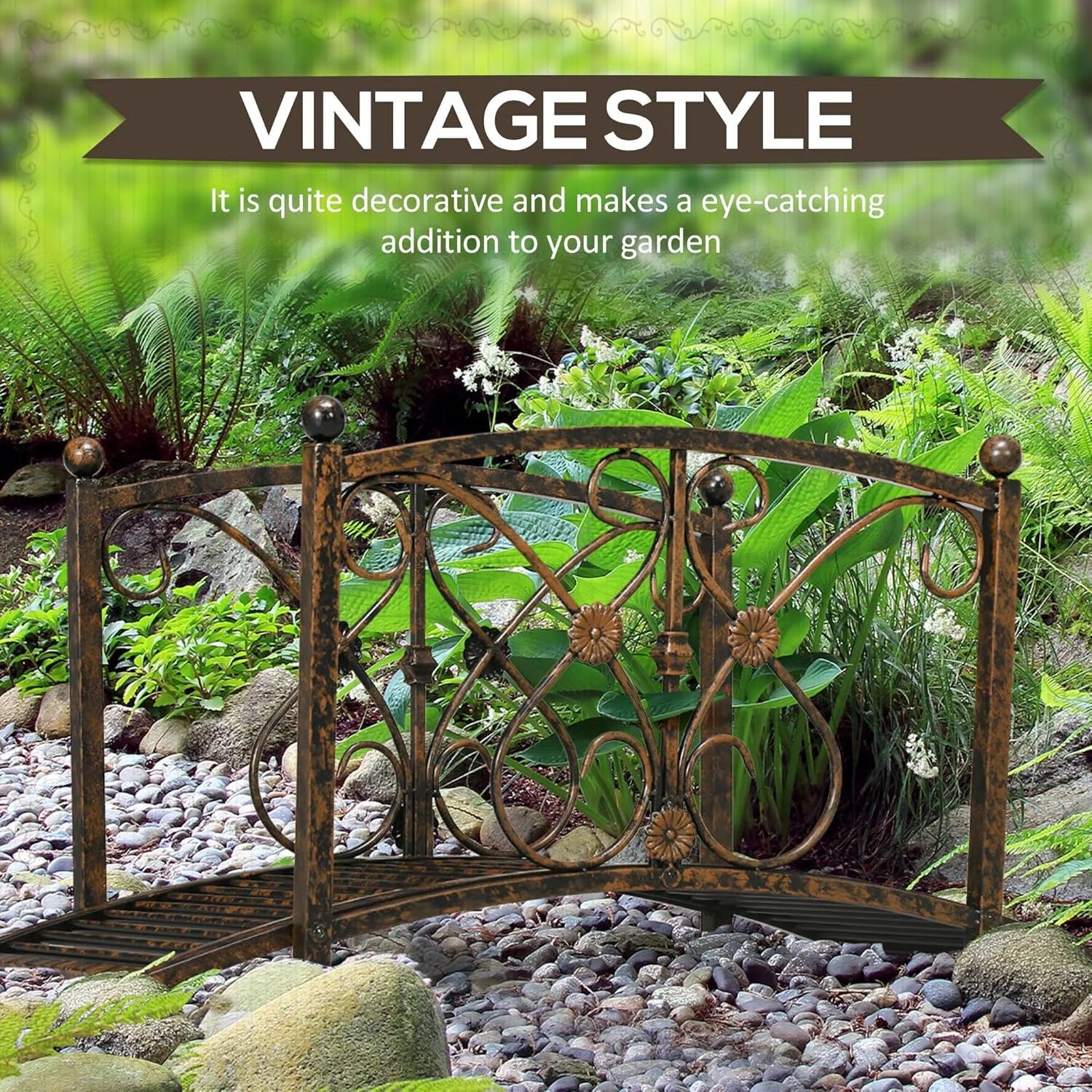 XgoodX 3.3FT Metal Garden Bridge with Decorative Scrollwork, Arched Footbridge with Safety Side Rails for Pond, Stream, Yard, Zen Garden, Outdoor Landscape D-cor-Black - Image 12
