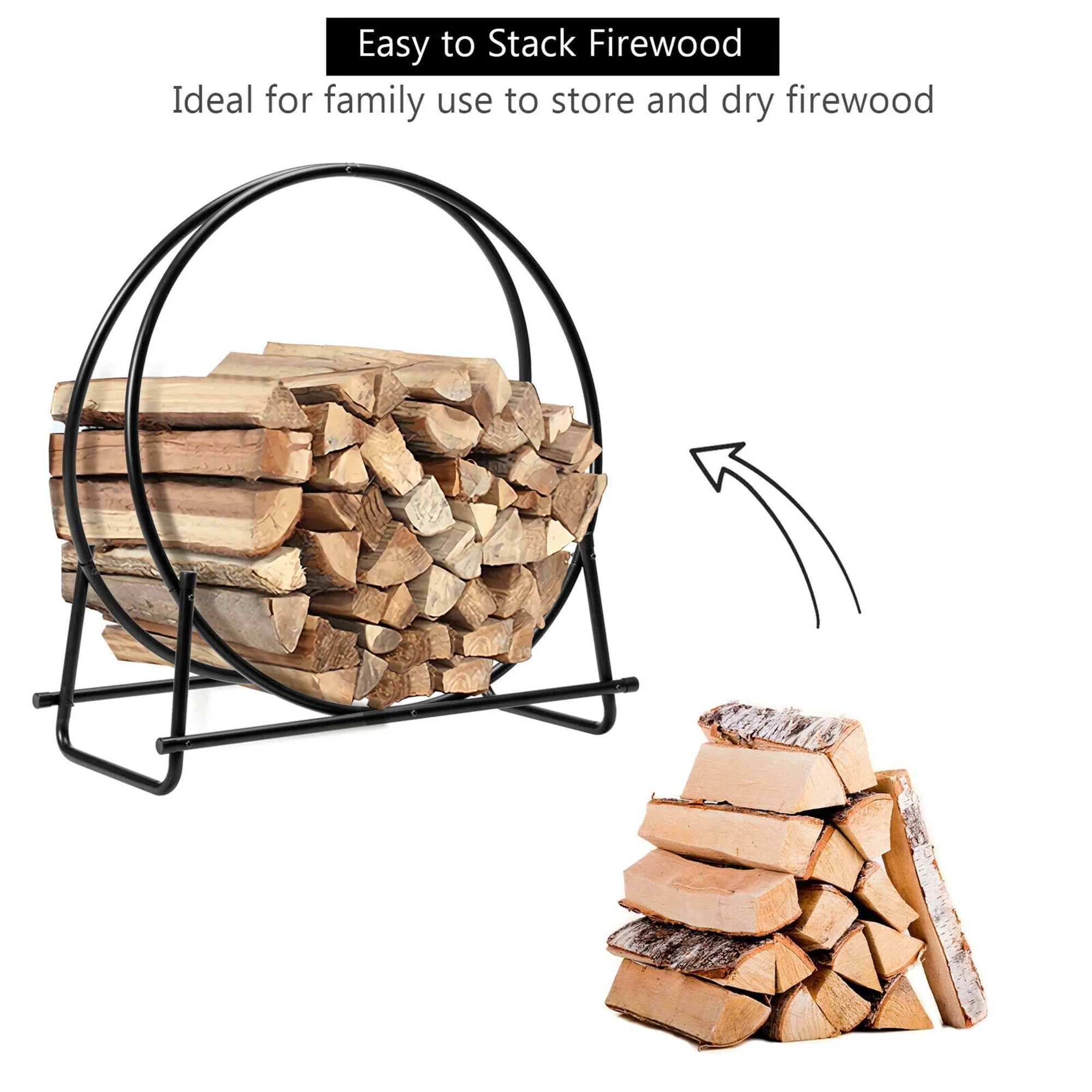 Gymax 30'' Tubular Steel Log Hoop Firewood Storage Rack Holder Round Display - Image 6