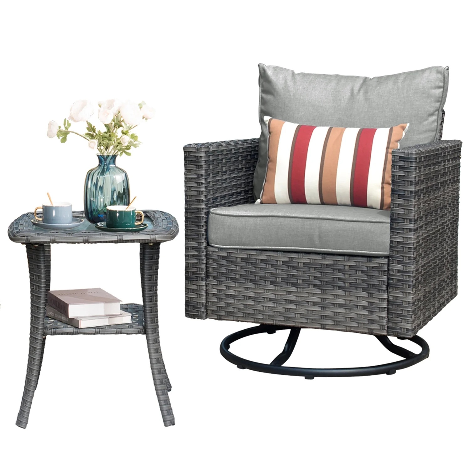Ovios 6 Pieces Outdoor Patio Furniture Set with Gas Propane Fire Pit Table Wicker Outdoor Conversation Set with Swivel Rocking Chair for Backyard, Cushion Beige - Image 22