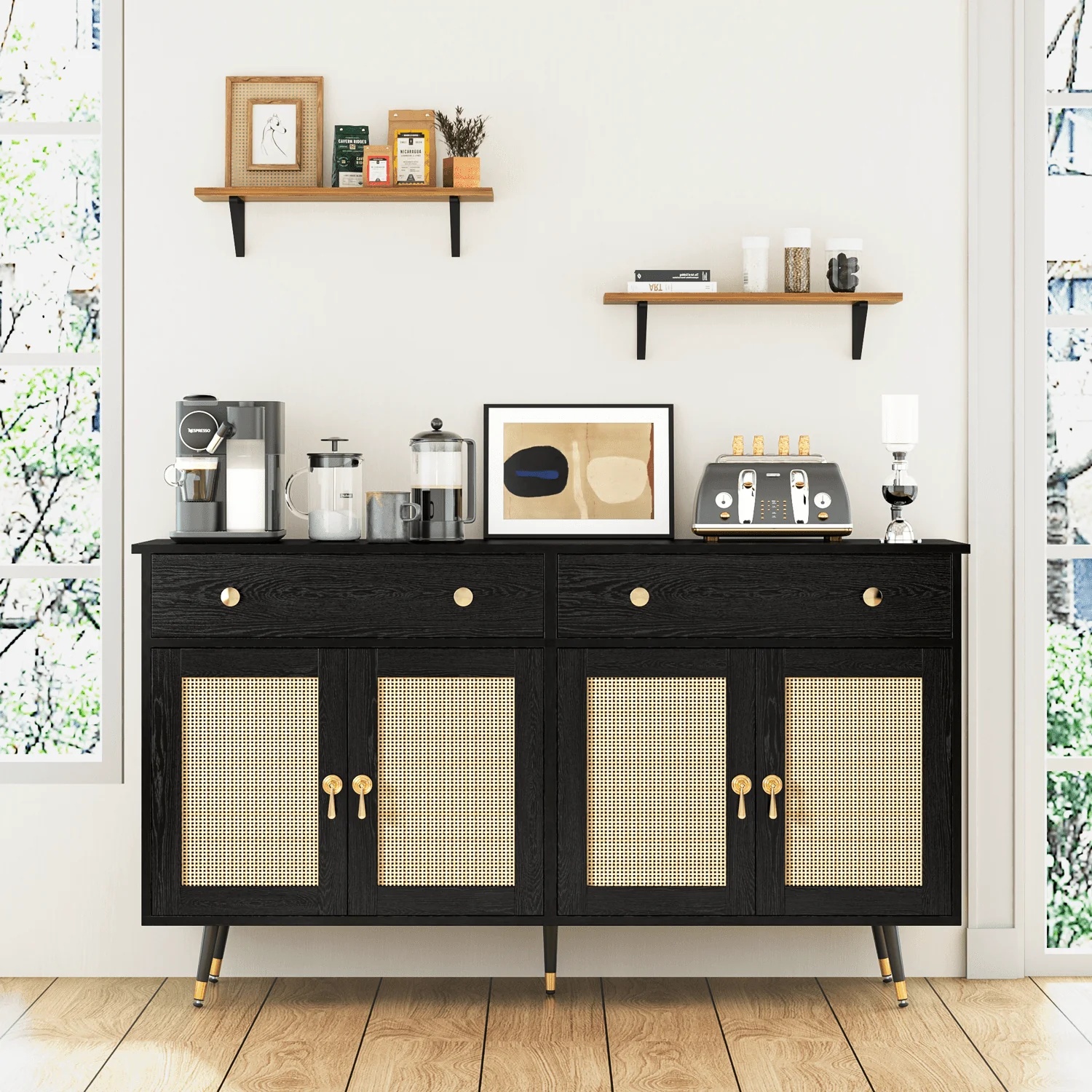 Catrimown Sideboard Buffet Cabinet, 2 Drawer and 4 Rattan Door Sideboard Storage Cabinet, Black - Image 8